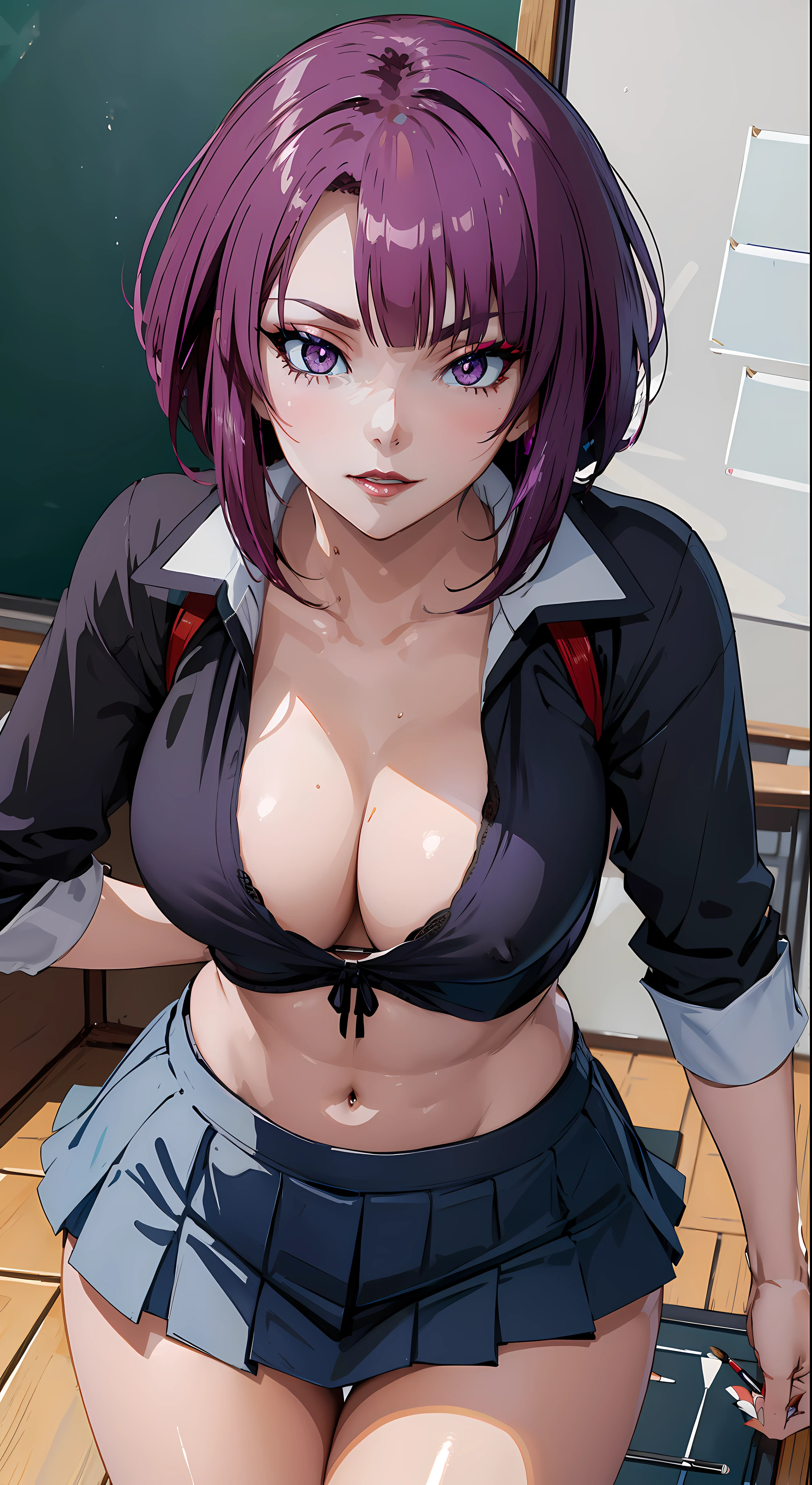 purple eyes, (best quality, masterpiece painting:1.3), Oboro, mature female, 26yo, (half body shot:1.3), schoolgirl, school uniform, (seductive look:1.5), purple hair, short hair, stacked bob hair, (large breasts:1.2), (narrow waist:1.1), cleavage, perfect body, (athletic body:1.1), soft skin, anime face, perfect face, (perfect eyes:1.3), glowing eyes, purple irises, anime eyes, smoky eyeliner, eyeshadow, asian, looking at viewer, smart, whiteboard background, classroom, sharp focus, intricate details, professional artwork, (vibrant colors:1.1), vivid colors, Diffused lighting, digital blending, ultra detailed body, ultra detail hair, ultra detail face, trending on pixiv, top button opened, shy girl, cute glance, makeup, purple lipstick, perfect lips, perfect makeup, ultra detailed painting,