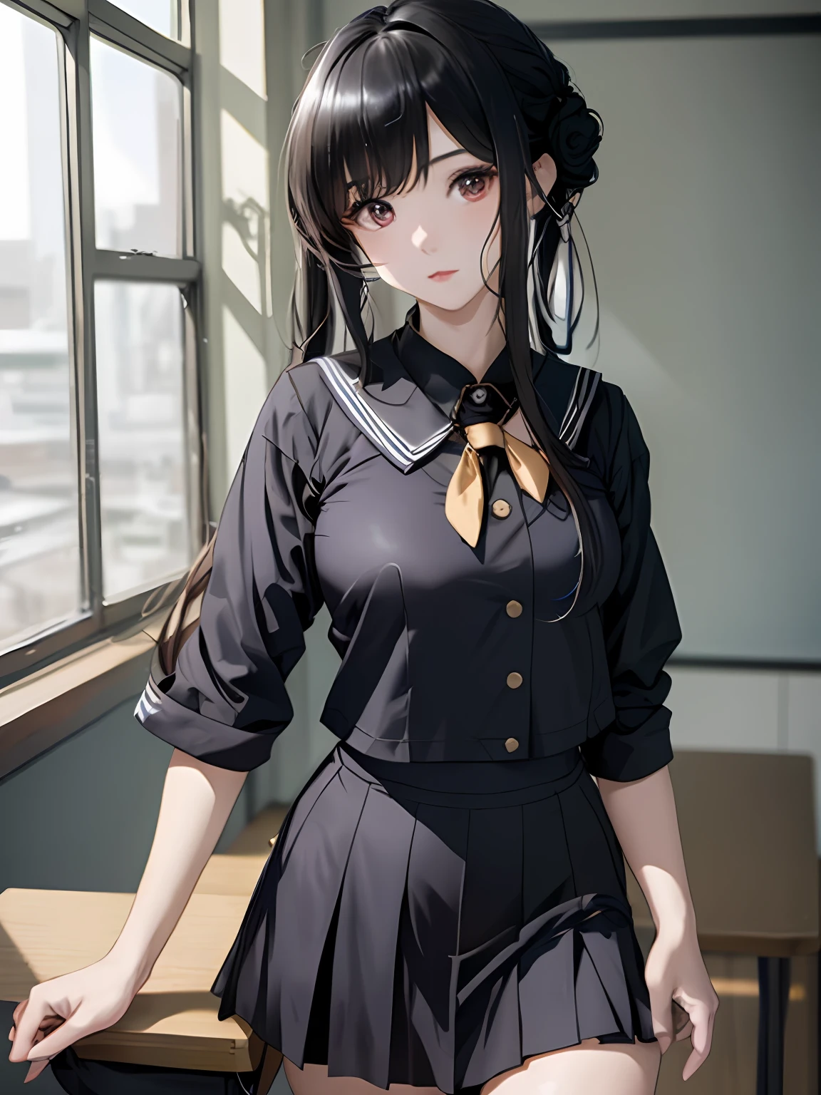 Classroom、a sailor suit、a black skirt、cowboy shot、8K,masterpiece, Medium、(1girl in)、Red_Eyes、Black hair、Long hair、Professional Lighting、(shinny skin:1.2)、 ((top-quality))、 Crisp focus:1.2、Highly detailed facial and skin texture、A detailed eye、face perfect、perfect bodies、Blur the background、20yr old,Mature cool and beautiful face