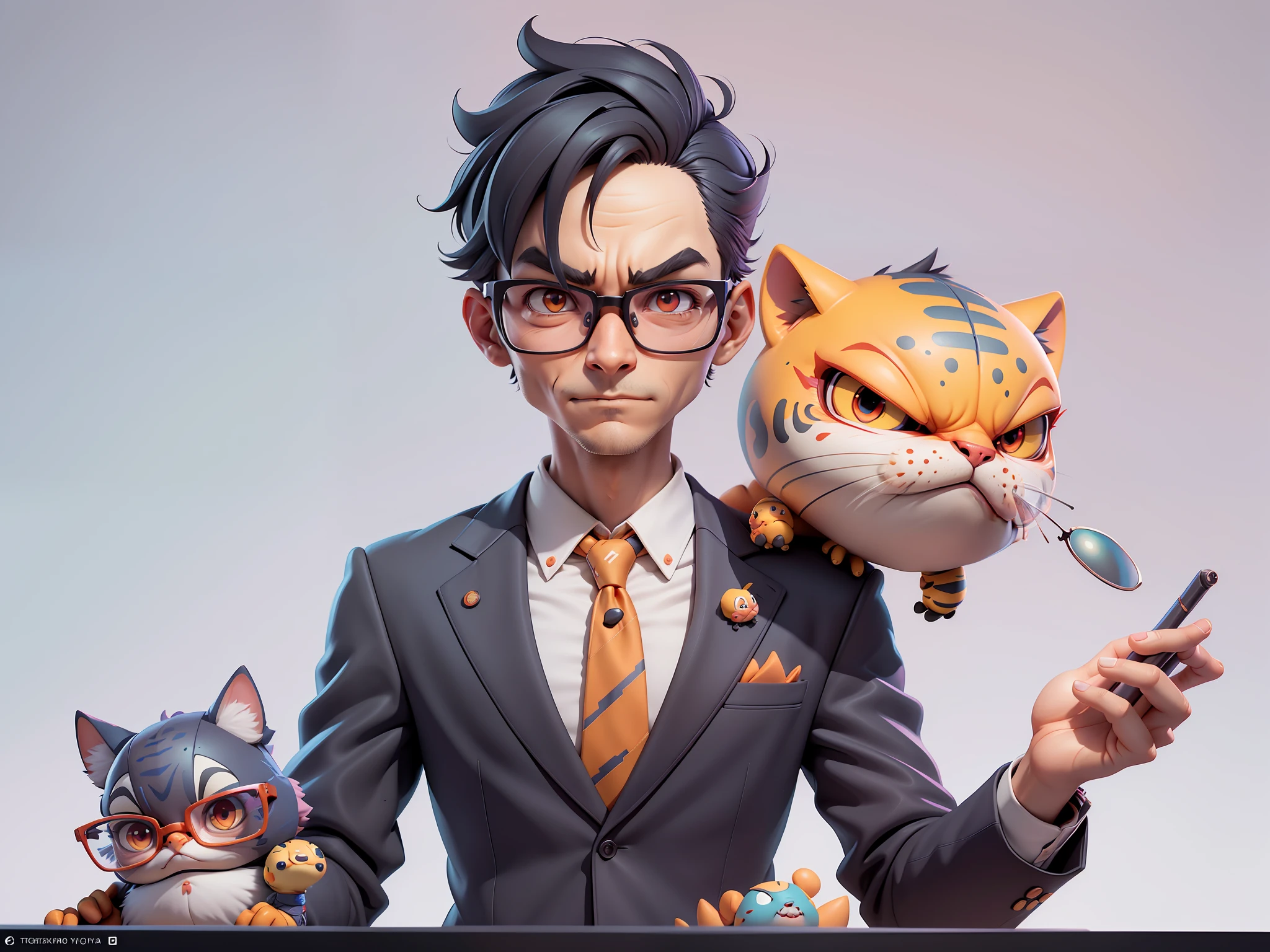 A young man in a suit, Short hair and glasses sat at his desk,holding laptop,digitial painting,tigre,3D character design by Mark Clairen and Pixar and Hayao Miyazaki and Akira Toriyama,4K HD illustration,Very detailed facial features and cartoon-style visuals。