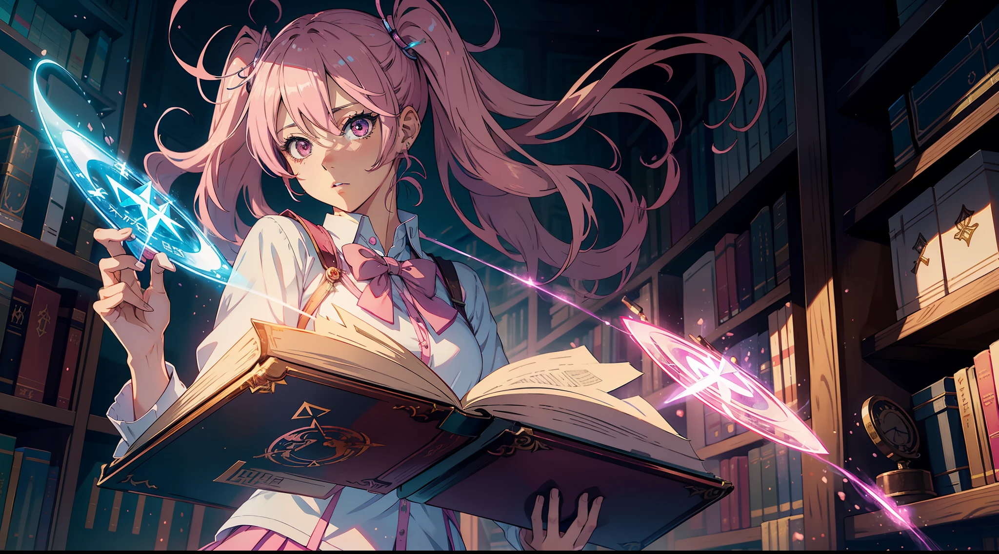 "A Photorealistic High-Quality Anime-Style Girl with Pink Hair, Dressed in a Magical School Uniform with Glowing Runes, Casting Spells in a Magical Library Filled with Ancient Tomes and Mystical Artifacts, taken with an Advanced Enchanted Camera and utilizing an Ethereal Lens