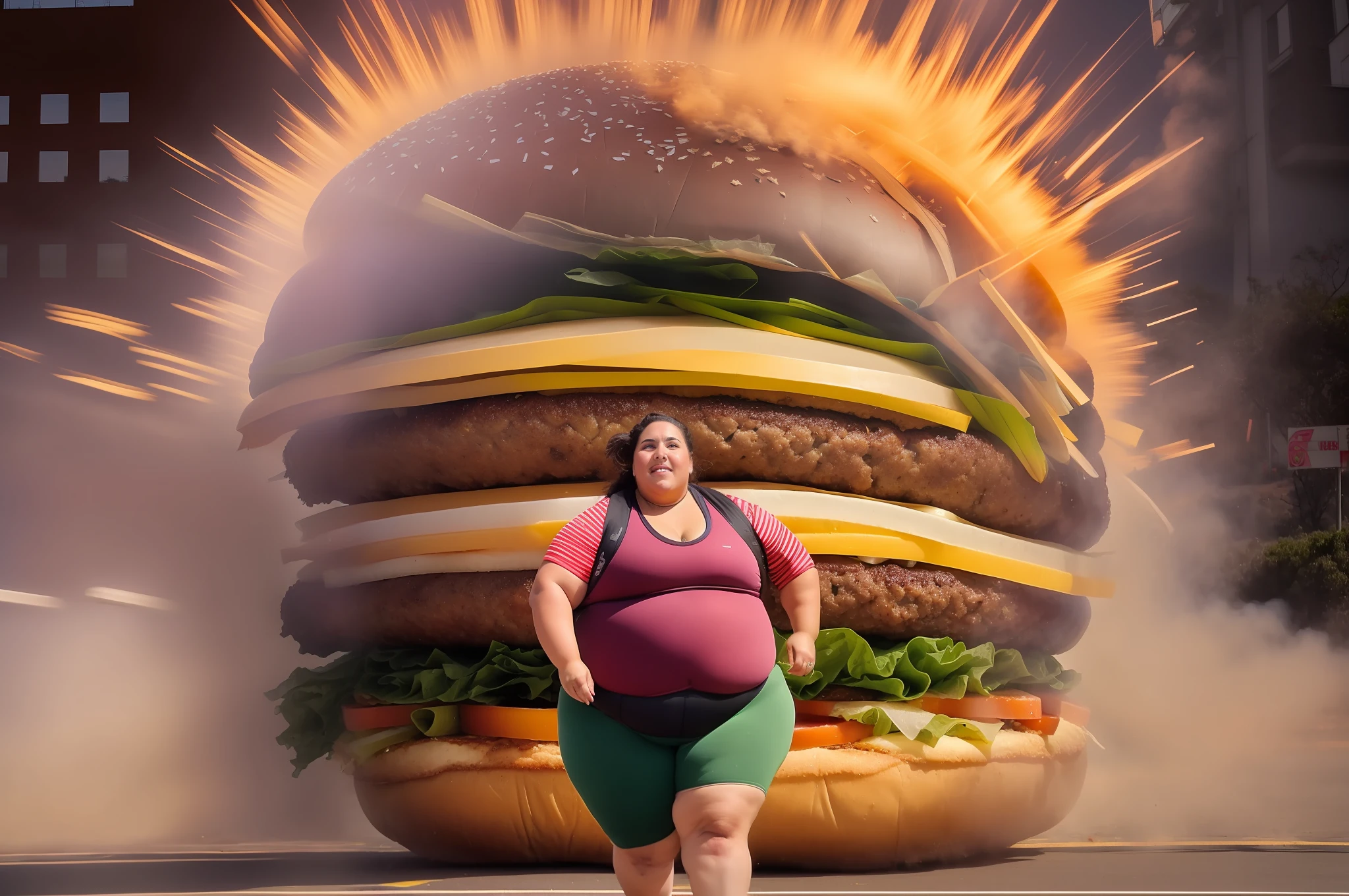 There's a fat woman, vestida correndo em uma estrada, athletic fashion photography, There's 1 giant burger behind, in the background in the form of an explosion rising towards him