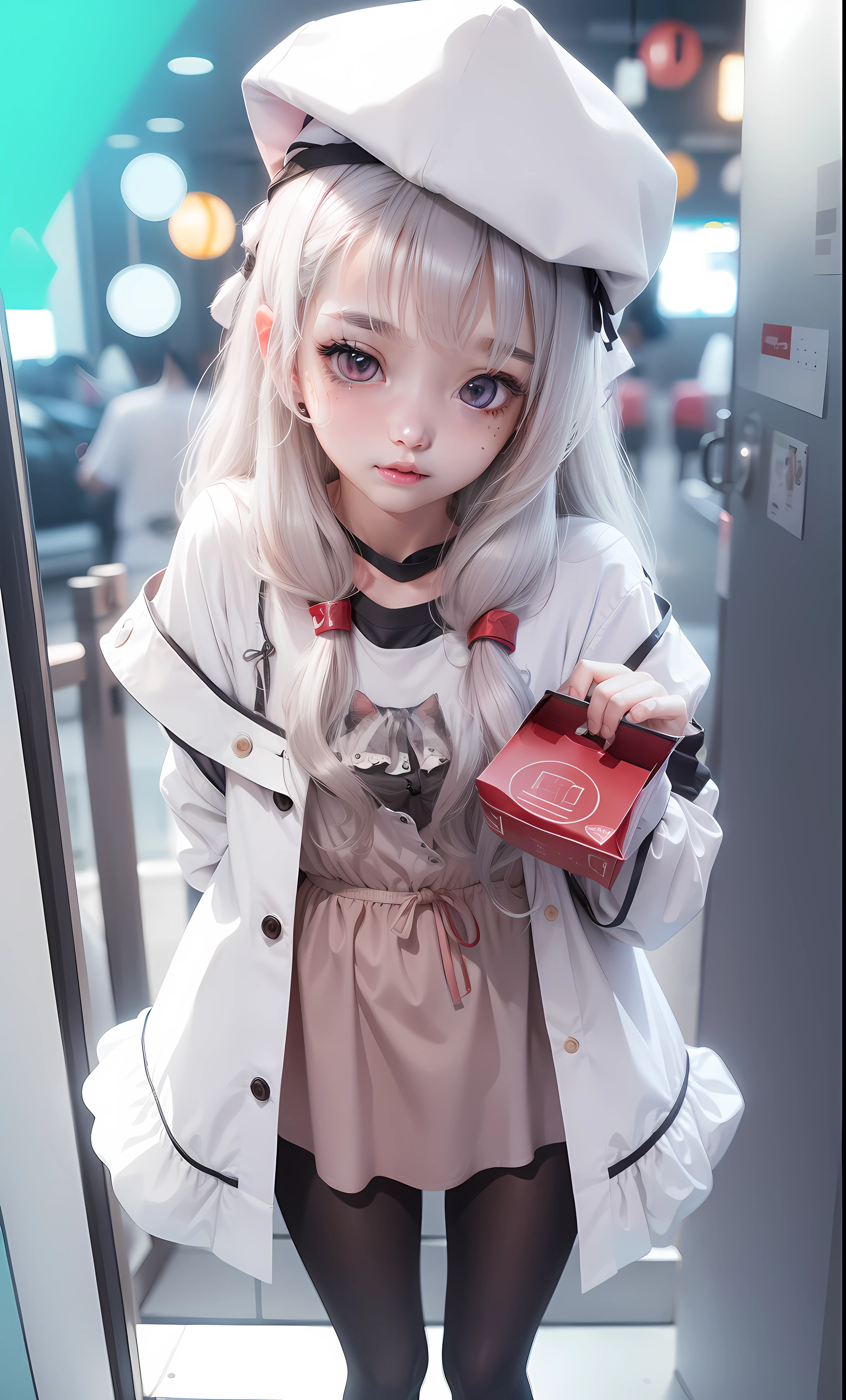 Realistic, high resolution, 1 girl, white wavy hair, Korean, heterochrome eyes, small moles under the eyes, loose white shirt, pick red box, cat in the shirt