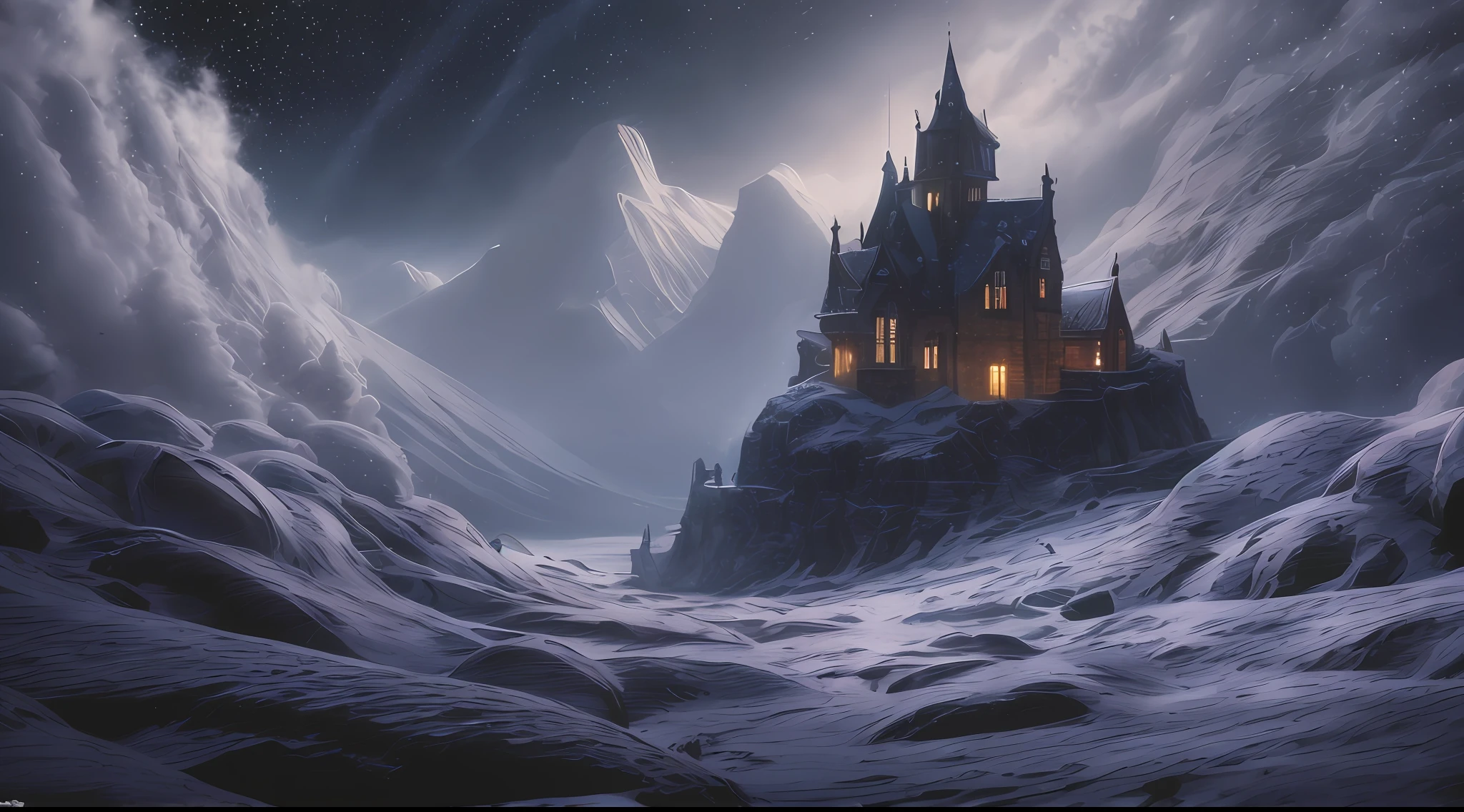 ((night)), winter, scottish medieval castle, dark night atmosphere, dark atmosphere, night ambient, ((foggy atmosphere)), a painting of a meandering snow in a mountain valley, trending on artstation, sharp focus, studio photo, intricate details, highly detailed, by greg rutkowski, a comic book panel by jeffrey smith, featured on deviantart, american scene painting, dc comics, marvel comics, concept art, perfect composition, beautiful detailed intricate insanely detailed octane render trending on artstation, 8 k artistic photography, photorealistic concept art, soft natural volumetric cinematic perfect light, chiaroscuro, award - winning photograph, masterpiece, oil on canvas, raphael, caravaggio, greg rutkowski, beeple, beksinski, giger, centered, symmetry, painted, intricate, volumetric lighting, beautiful, rich deep colors masterpiece, sharp focus, ultra detailed, in the style of dan mumford and marc simonetti, astrophotography