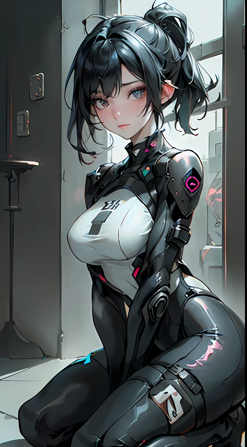 ((best qualtiy)), ((tmasterpiece)), (the detail:1.4), 3D, Delicate big eyes，frontage，Spread your legs，Detailed face，long eyelasher，Tight clothes，Details of large black pupils，with short black hair，Bigboobs，A beautiful cyberpunk female image,hdr（HighDynamicRange）,Ray traching,NVIDIA RTX,Hyper-Resolution,Unreal 5,Subsurface scattering、PBR Texture、post-proces、Anisotropy Filtering、depth of fields、Bigboobs，Raised sexy，maximum definition and sharpness、Many-Layer Textures、Albedo e mapas Speculares、Surface coloring、Accurate simulation of light-material interactions、perfectly proportions、rendering by octane、Two-colored light、largeaperture、Low ISO、White balance、the rule of thirds、8K raw data、