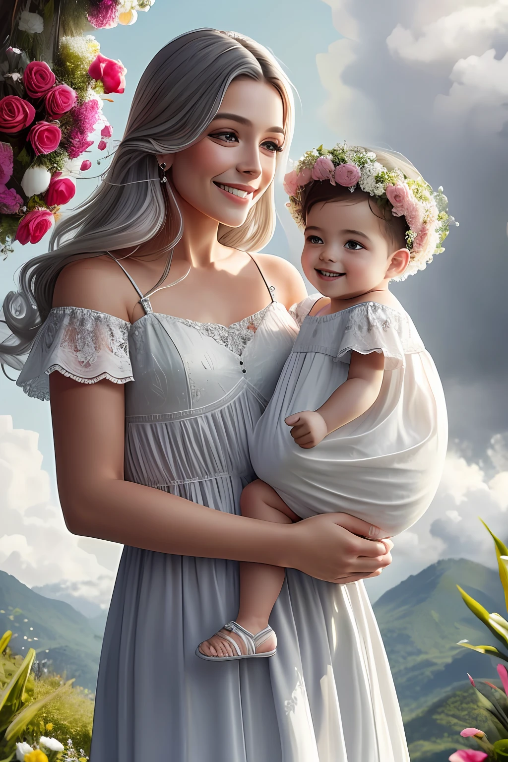(64 mil, Foto RAW, melhor qualidade, obra-prima: 1.2), ultra-detalhado, arte formal, renderizado: 1.37, foto na parte superior do corpo, ( "Um homem de meia-idade ,Standing gray hair, Carefully holding a cute newborn baby, Both appear to be floating in the clouds in the sky. ))(They're both smiling happily, cercados por uma aura de tranquilidade e serenidade. The scenery is of a stunning place, cheio de paz e harmonia, conveying a feeling of love and connection between man and baby."),Beleza, ,sorrindo e ele sorri, pose IN FOOT and,Cheio de flor cor-s flor borboletas )and birds),detalhes,Rosas,flor),detalhes