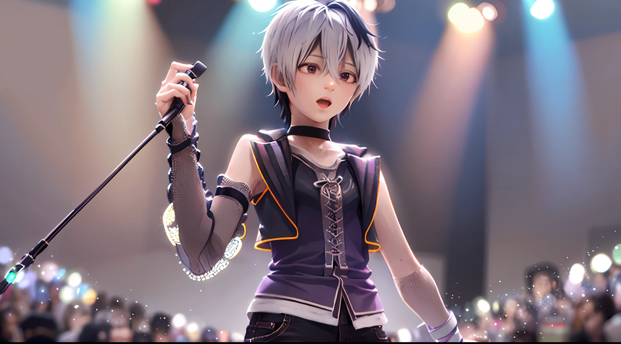 (masterpiece, best quality:1.2), cowboy shot, solo, 1girl, flower \(v4\), \:d, singing, holding microphone, short hair, sleeveless shirt, black pants, choker, bandages, musical concert, stage, spotlight