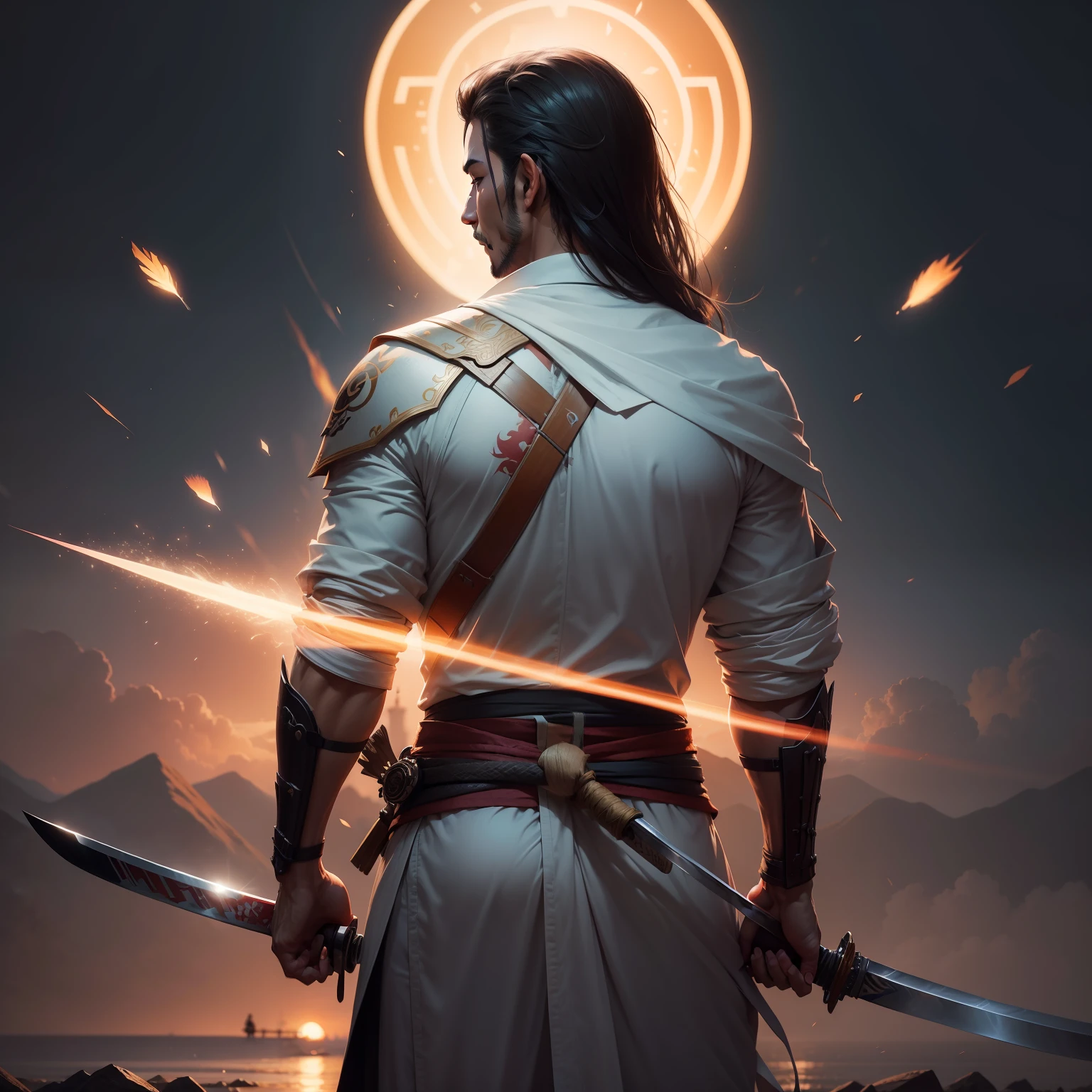 A lone samurai man, trajando um manto branco parado na chuva, bare foots, carregando uma katana (espada longa), sorridente e confiante, representing success and the realization of a dream, Looking with your back to the camera, surrounded by elements that symbolize prosperity and abundance, como dinheiro, growth symbols, efeitos de luz brilhante e uma aura de positividade ao seu redor ((rosto detalhado)), ((Canon M50)), ((Concedido )), (alto detalhe), ondulado (grama alta:1.2), sun sunset, corpo inteiro, Dramatic, retroiluminado, volumeric lighting, (altamente detalhado:1.2), pintura, flor, Sharp, 8k, cinematic lighthing, soft-lighting, Greg Rutkowski, trending in artstation,