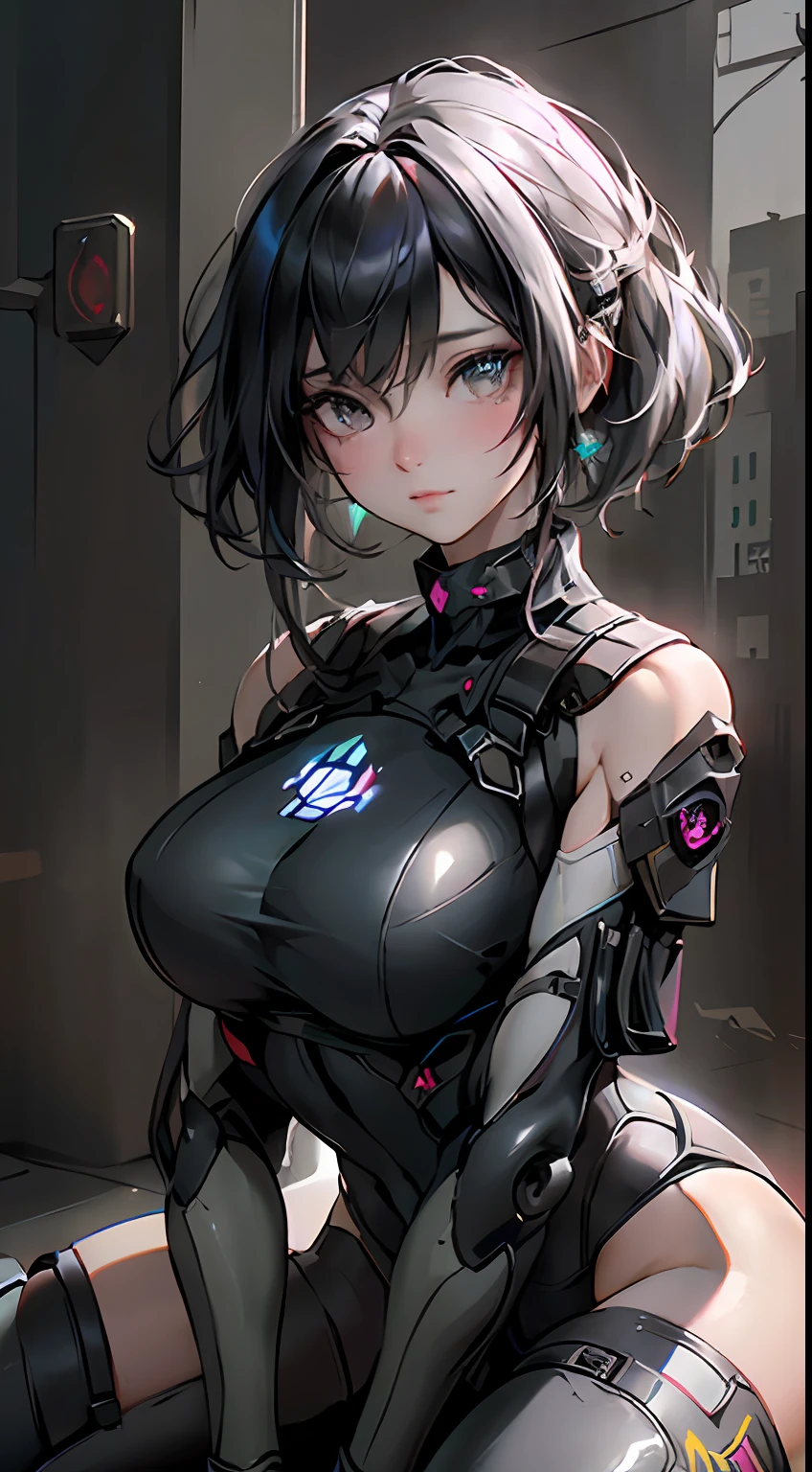 ((best qualtiy)), ((tmasterpiece)), (the detail:1.4), 3D, Delicate big eyes，frontage，Spread your legs，Detailed face，long eyelasher，Tight clothes，Details of large black pupils，with short black hair，Bigboobs，A beautiful cyberpunk female image,hdr（HighDynamicRange）,Ray traching,NVIDIA RTX,Hyper-Resolution,Unreal 5,Subsurface scattering、PBR Texture、post-proces、Anisotropy Filtering、depth of fields、Bigboobs，Raised sexy，maximum definition and sharpness、Many-Layer Textures、Albedo e mapas Speculares、Surface coloring、Accurate simulation of light-material interactions、perfectly proportions、rendering by octane、Two-colored light、largeaperture、Low ISO、White balance、the rule of thirds、8K raw data、