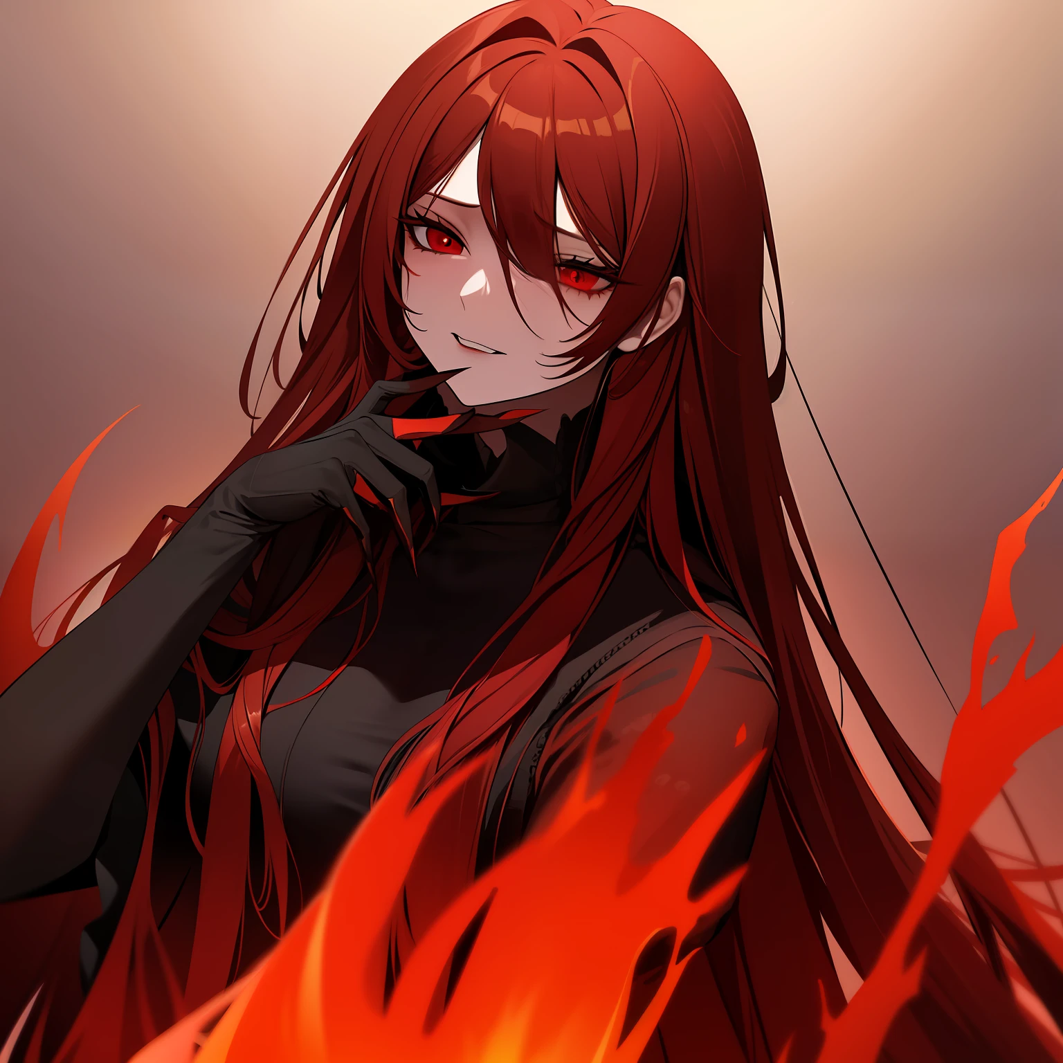 An adult woman, very long hair, hair color changing from red to orange by gradient, red eyes, gray dead skin, claws on her hands, black fit dress, sinister look, black lipstick, fire and lava, hell