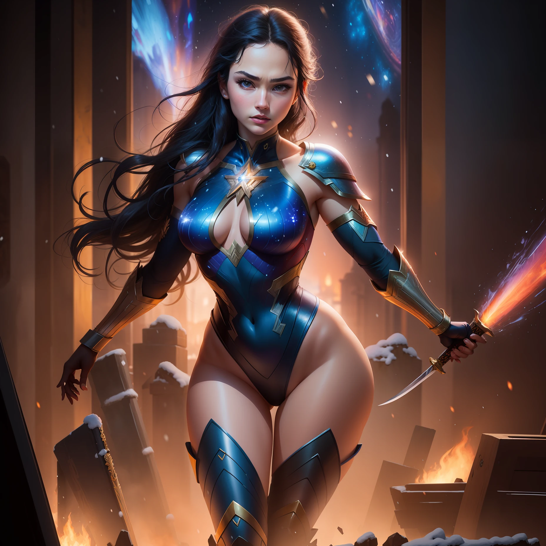 jim lee,

1girl, wonder woman, armlet, black hair, blurry, bracer, breath, cape, cowboy shot, depth of field, holding, holding weapon, lasso, looking at viewer, parted lips, pommel, realistic, reverse grip, shield, skirt, snow, snowing, solo, superhero, sword, tiara, toned, weapon, weapon behind back

, ((masterpiece))