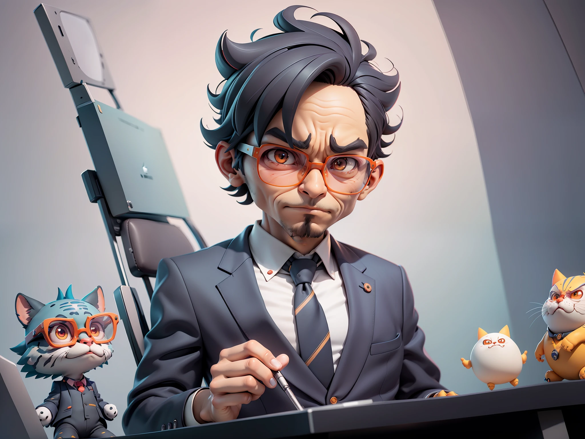 A young man in a suit, Short hair and glasses sat at his desk,holding laptop,digitial painting,tigre,3D character design by Mark Clairen and Pixar and Hayao Miyazaki and Akira Toriyama,4K HD illustration,Very detailed facial features and cartoon-style visuals。