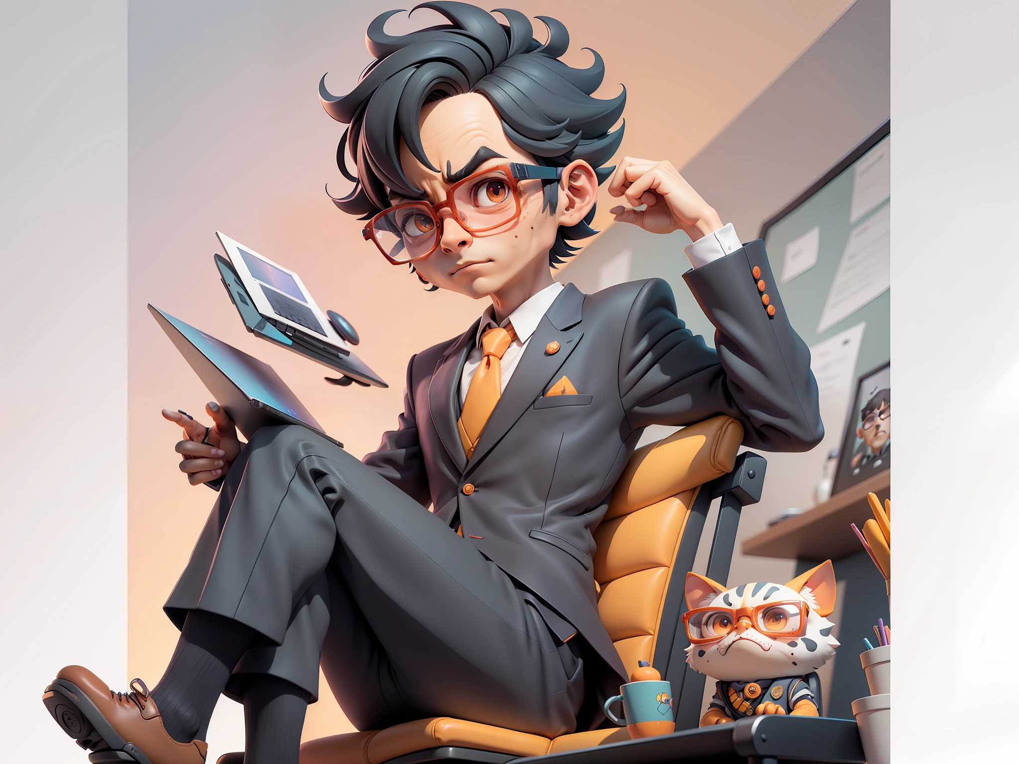 A young man in a suit, Short hair and glasses sat at his desk,holding laptop,digitial painting,tigre,3D character design by Mark Clairen and Pixar and Hayao Miyazaki and Akira Toriyama,4K HD illustration,Very detailed facial features and cartoon-style visuals。