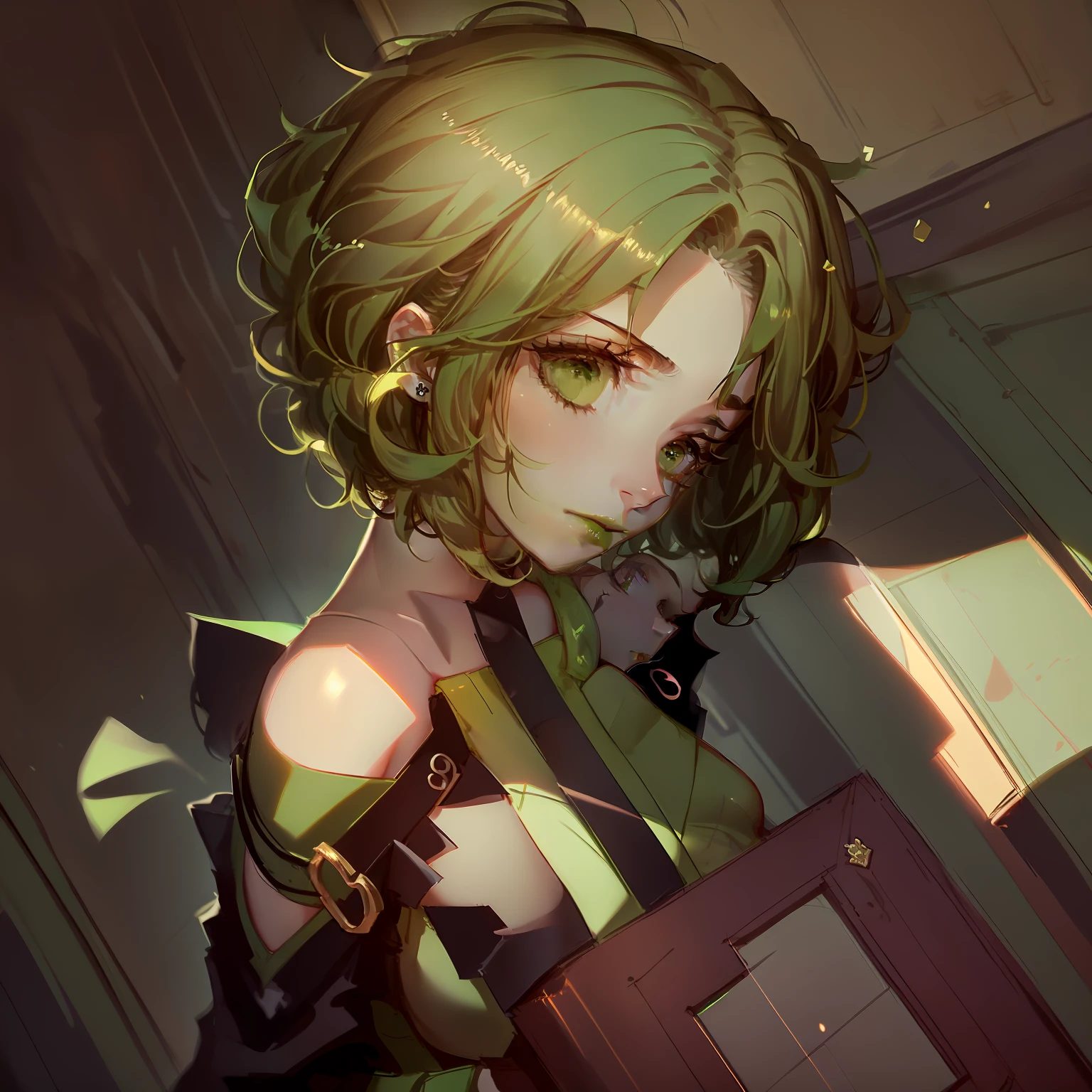 Brown hair，Brown eyes，teens girl，Sharp eyebrows，Handsome，(((Green lipstick)))，Green picks dye hair，((A puzzled look）），head portrait，heads，Shoulder-length hair