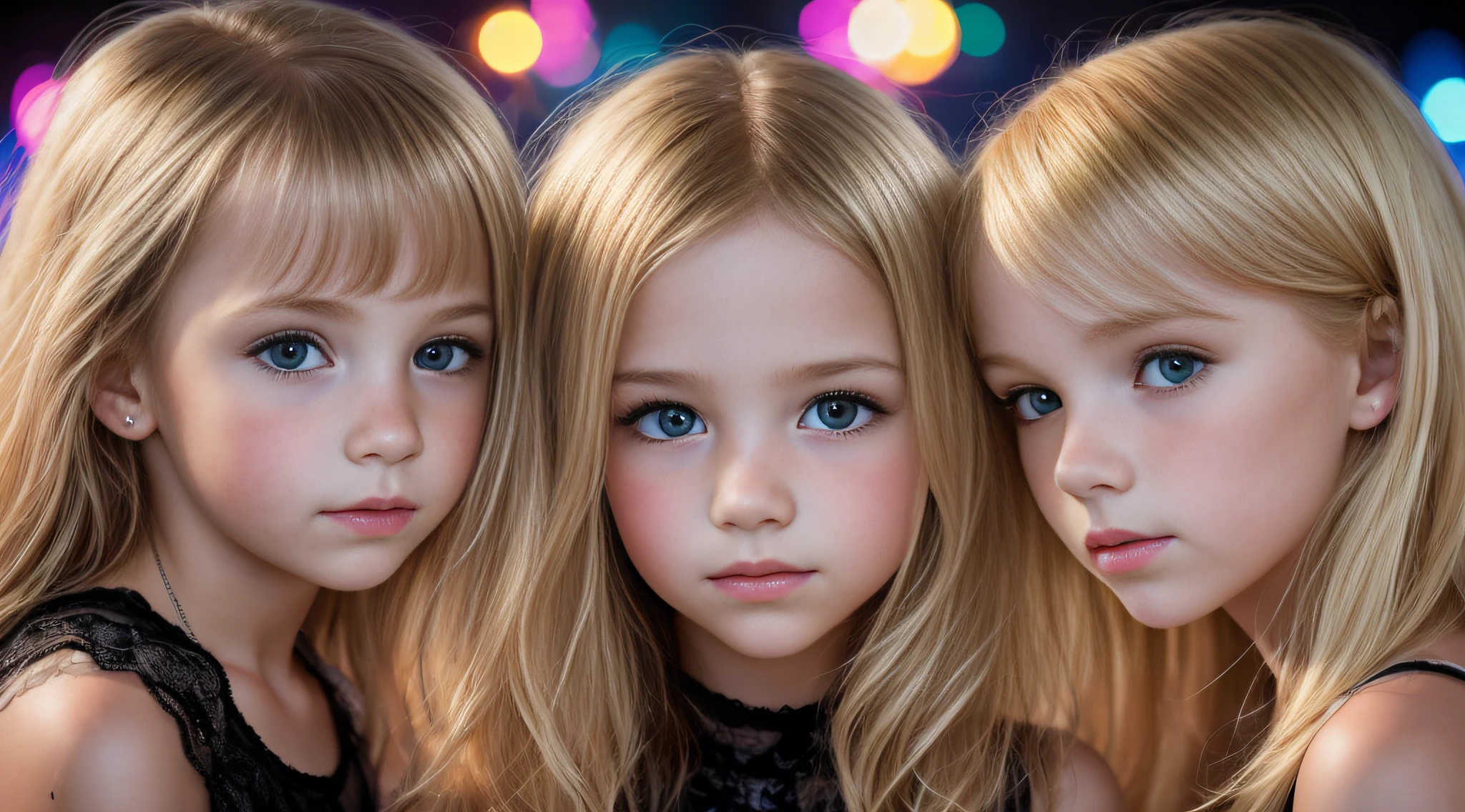 DISCO BLOOD FEVER , Portrait of 3 girls German children long blonde hair TRAIDS , DISCOTEQUE, LOOK.