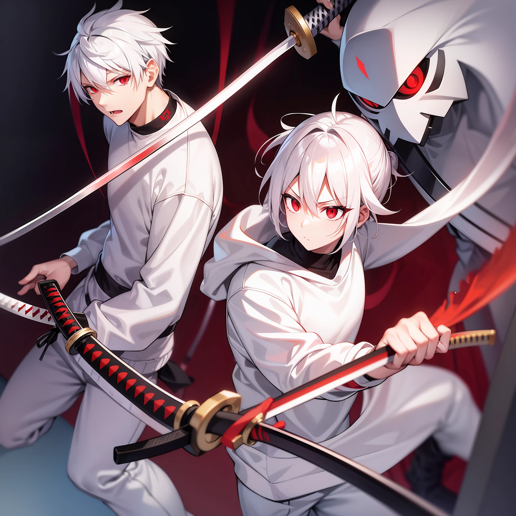White haired man sweatshirt red eyes and katana