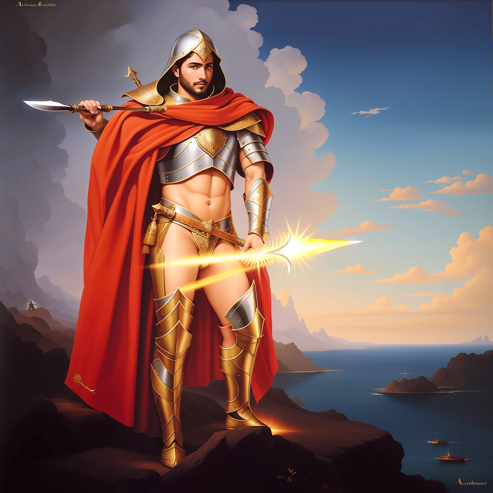 (Obra prima) (8K) (ALTAMENTE DETALHADA) (alta qualidade) pintura de um homem em armadura com uma espada e escudo, pintura de um cavaleiro, pintura restaurada, portrait of saint of the pit, pintura renascentista de um cavaleiro, segurando seu tridente, Arcanjo Miguel, saint of the pit, inspired by Mór Than, Grande Rei de Stovokor, com espada grande, Pintura de Golias, imagem de um guerreiro masculino adulto