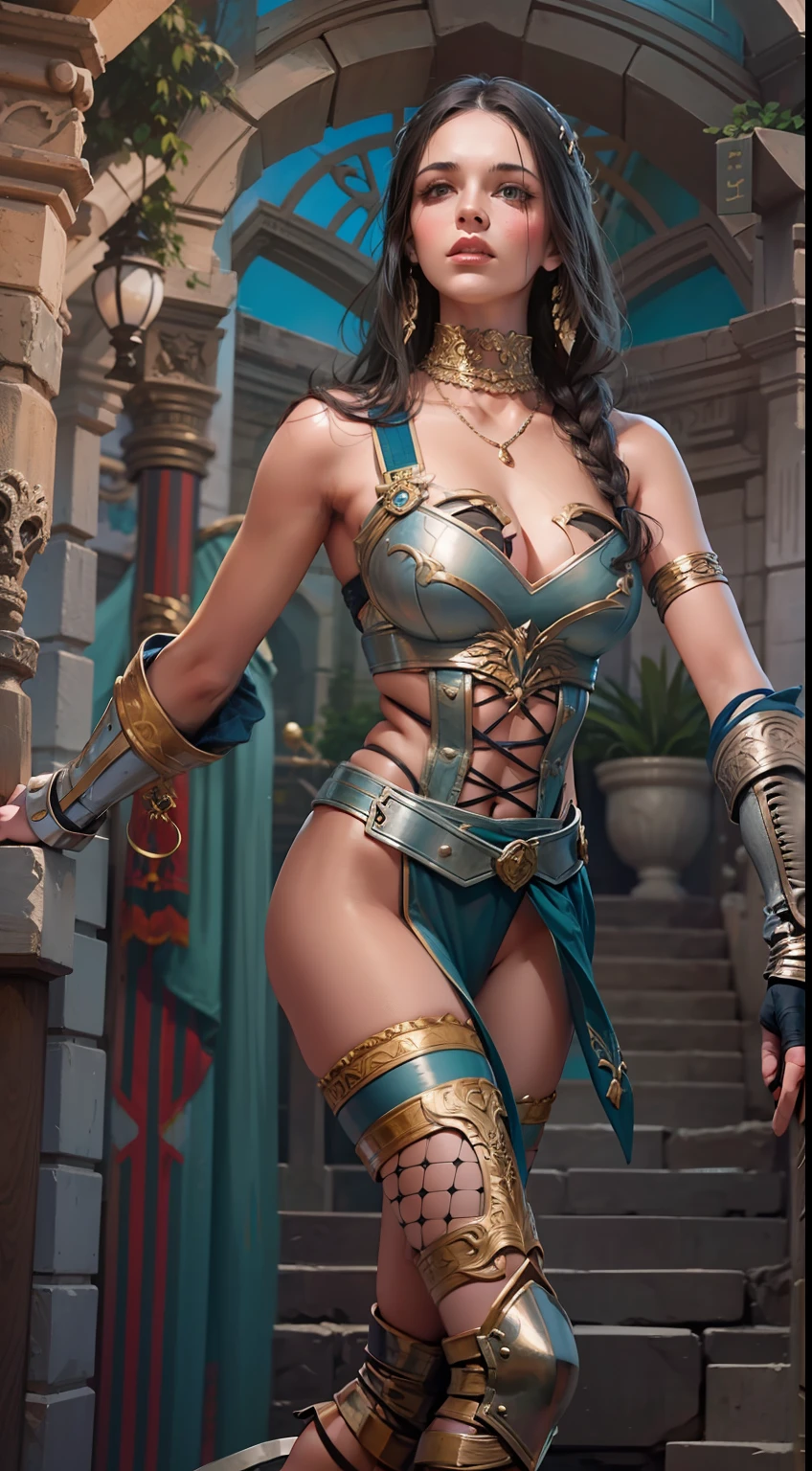 Beautiful woman in insanely intricate Gladiator champion Outfit