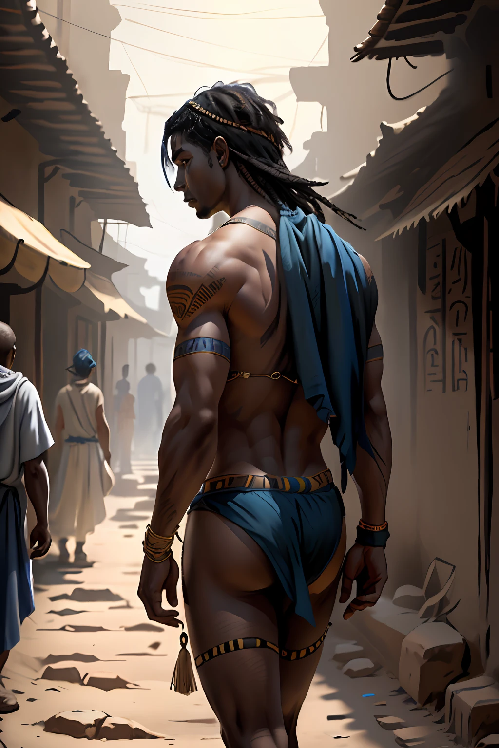 cabello color azul,The -yeld boith straight hair with his back uncovered and his chest bare but dressed in typical clothes of ancient Egypt with dark skin walking lost through the different streets of a city is noon. doferentes angulos mira la ciudad desde lo slto de una colina.