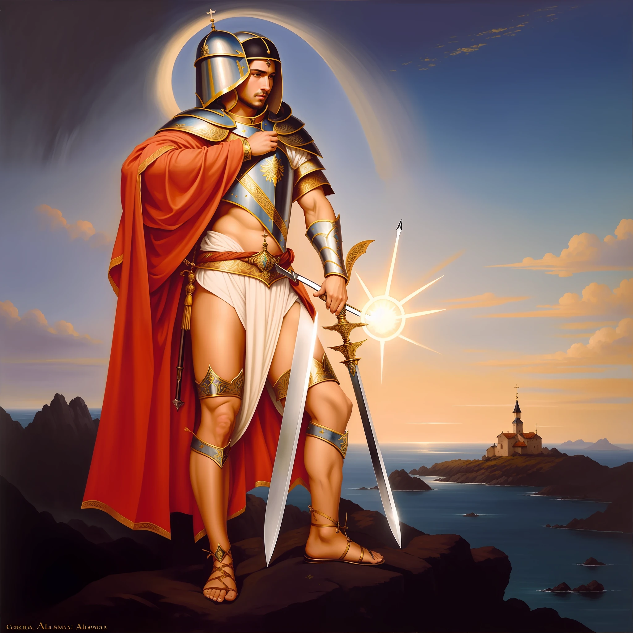 (Obra prima) (8K) (ALTAMENTE DETALHADA) (alta qualidade) pintura de um homem em armadura com uma espada e escudo, pintura de um cavaleiro, pintura restaurada, portrait of saint of the pit, pintura renascentista de um cavaleiro, segurando seu tridente, Arcanjo Miguel, saint of the pit, inspired by Mór Than, Grande Rei de Stovokor, com espada grande, Pintura de Golias, imagem de um guerreiro masculino adulto