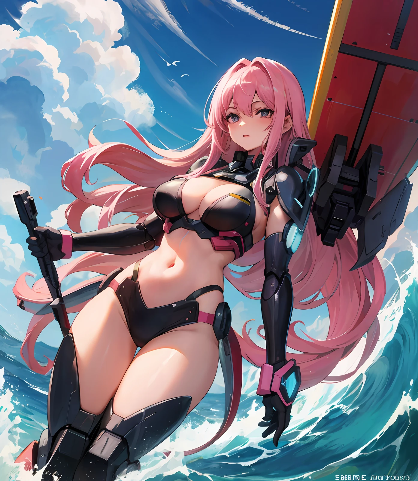 long whitr hair,Big waves,Pink hair,sci-fy,mechs,Crop topping,Bigchest,long leges