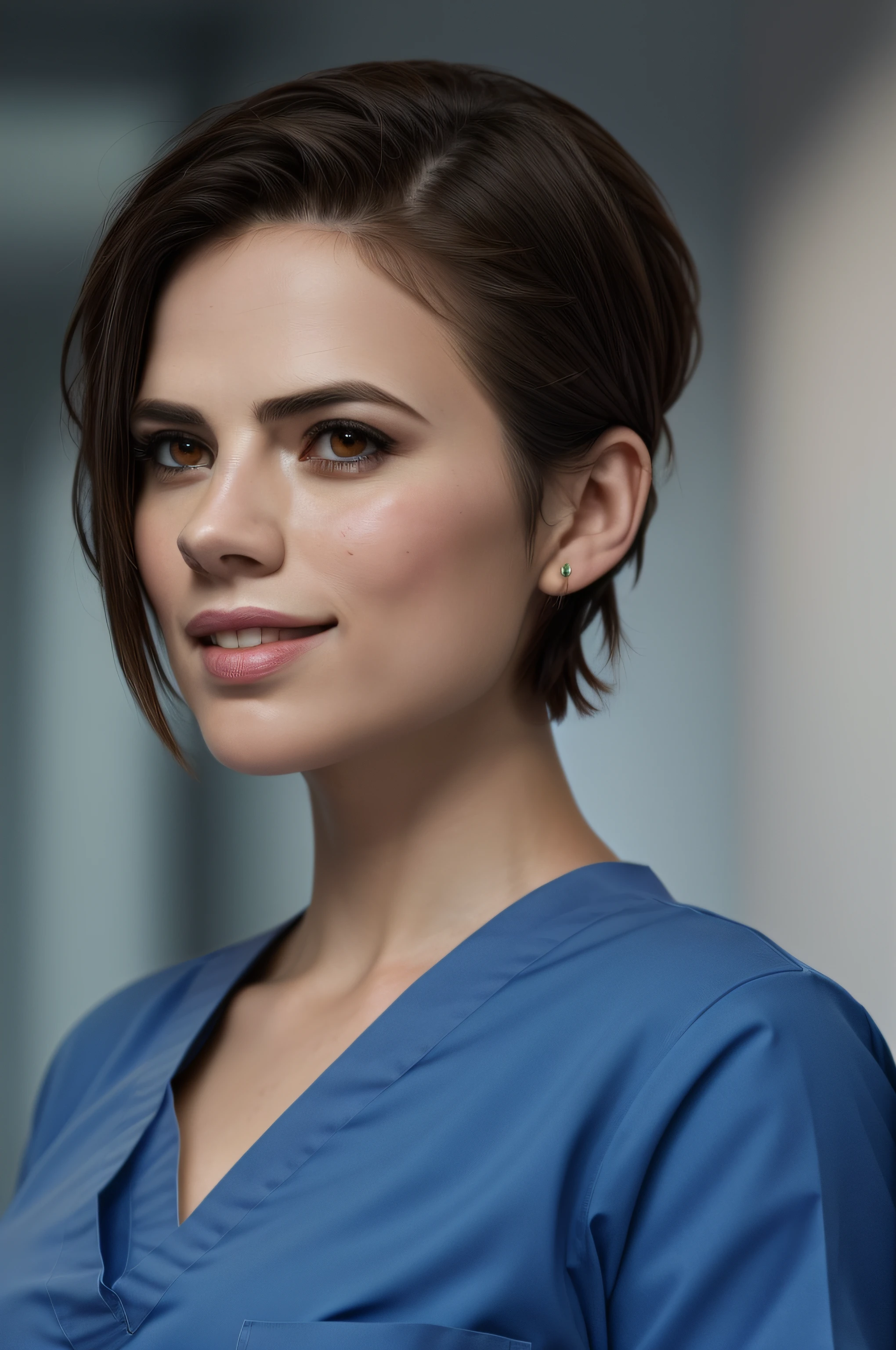 Beautiful woman, Hayley Atwell, standing, wearing (light blue hospital scrubs), beautiful legs, (very short pixie hair::1.3), detailed eyes, (detailed realistic face), (skin texture), freckles, blush, confident smile, (head tilted to side::1.3), highly detailed, modelshoot style, (extremely detailed CG unity 8k wallpaper), (whole body shoot::1.4), head to toe photo of the most beautiful artwork in the world, hospital, fashion top model, trending on ArtStation, trending on CGSociety, Intricate, High Detail, Sharp focus, dramatic, photorealistic painting art by midjourney