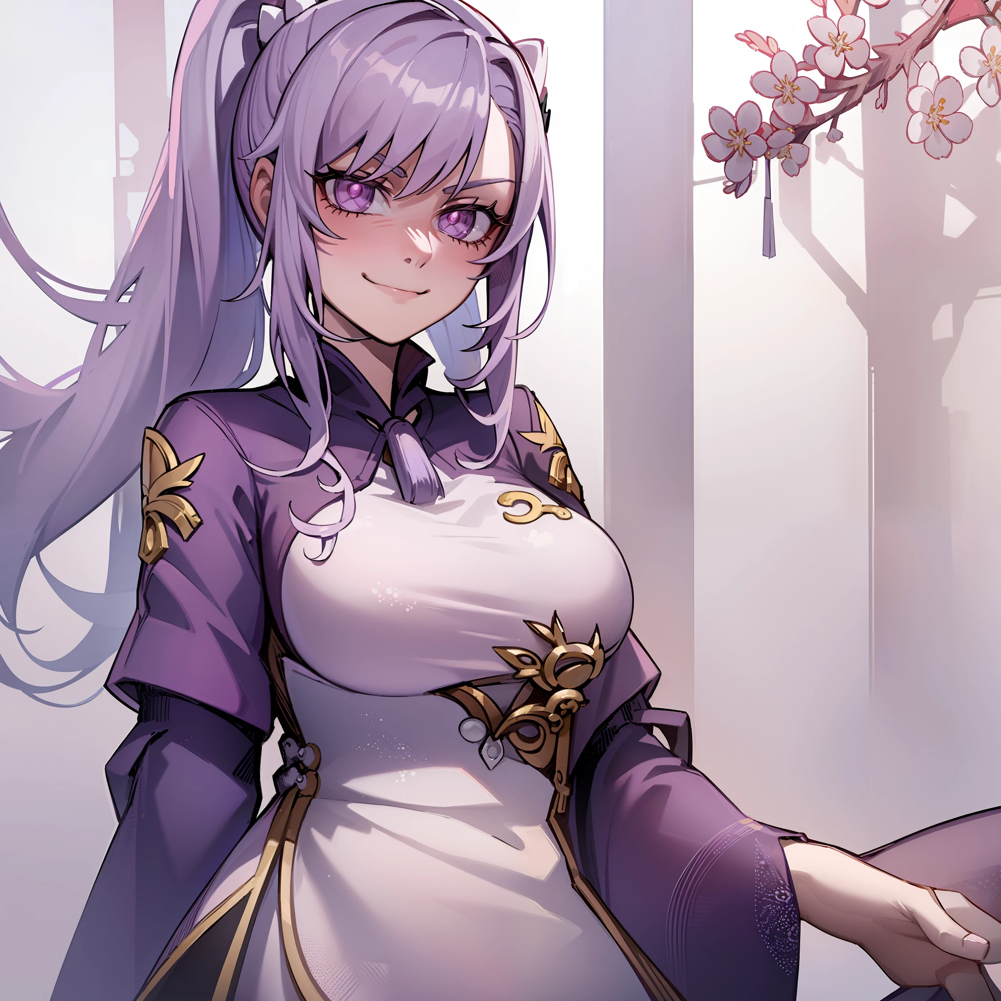 keqing (genshin impact), looking at viewer, purple hair, pink pupils, (white background:1.4), (masterpiece, best quality:1.2), (solo), (1girl), best quality, (photorealistic:1.4),ultra detailed, solo, (full body:1.5), standing, love in eyes, double ponytail, blushing, smug, smile, china dress, china outfit, long sleeves, big breasts