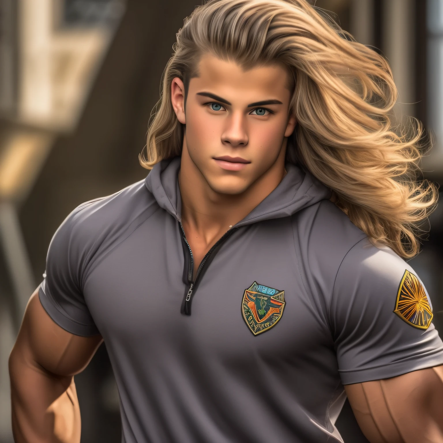 An 18-year-old boy musclejock, embodying the perfect fusion of Joey Lawrence and Cody Calafiore with long hair, exuding an aura of strength and confidence. Enhanced with HDR technology, this image depicts a true masterpiece, 4K resolution, scouting uniform