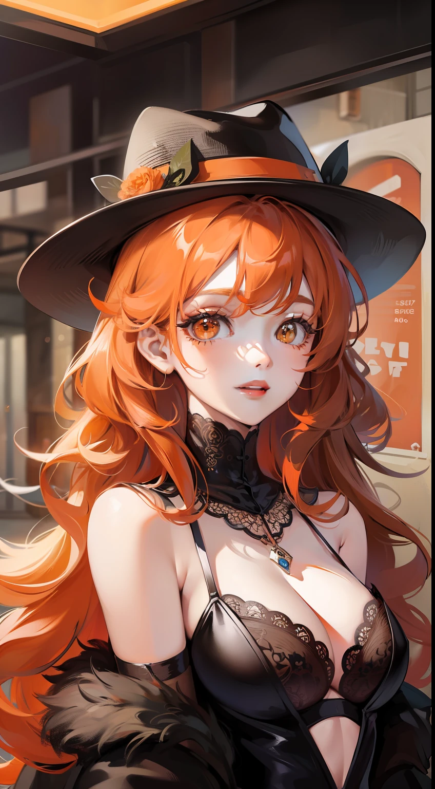 adult girl, long curly orange hair, Orange Eyes, black dress and hat, ssmile, Masterpiece, hiquality