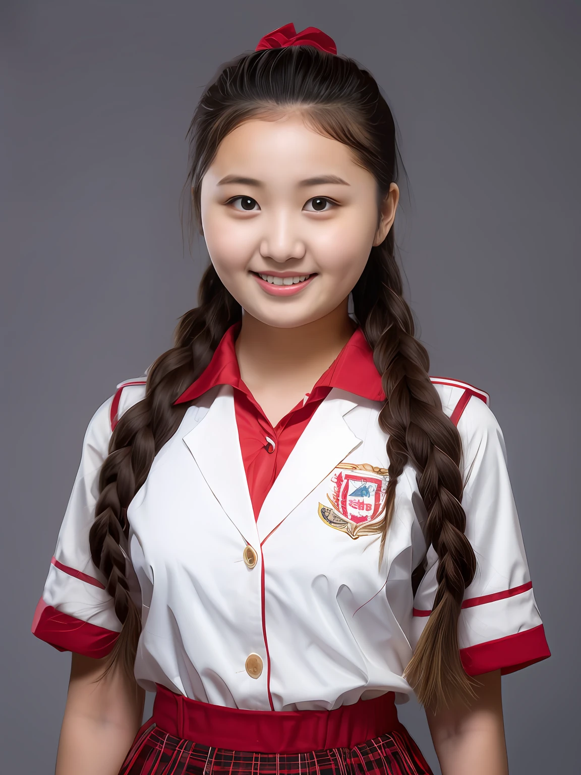 A 17-year-old female high school student,Wear a red and white school uniform,