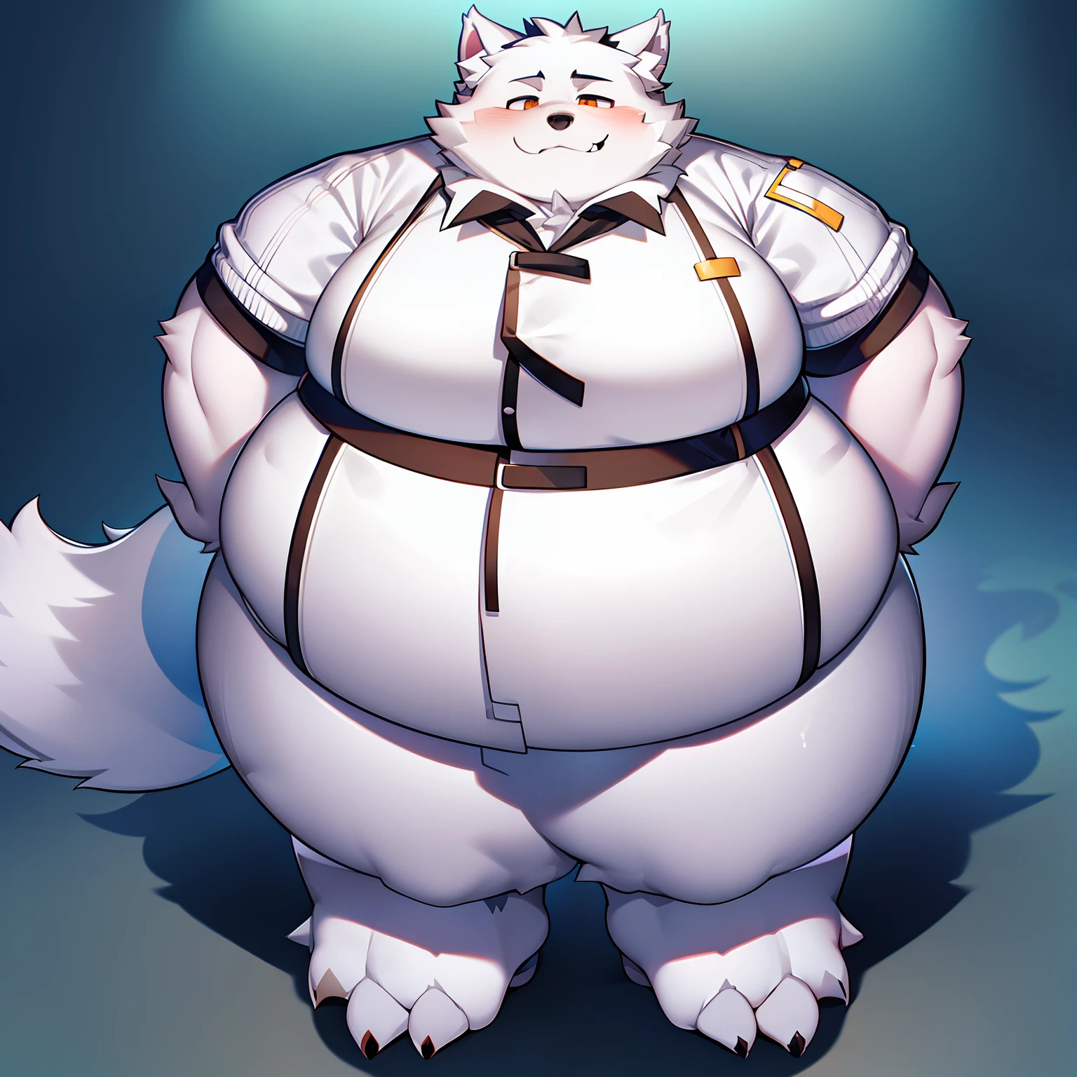 A wolf furry boy, white, Moderately fat, funny standing