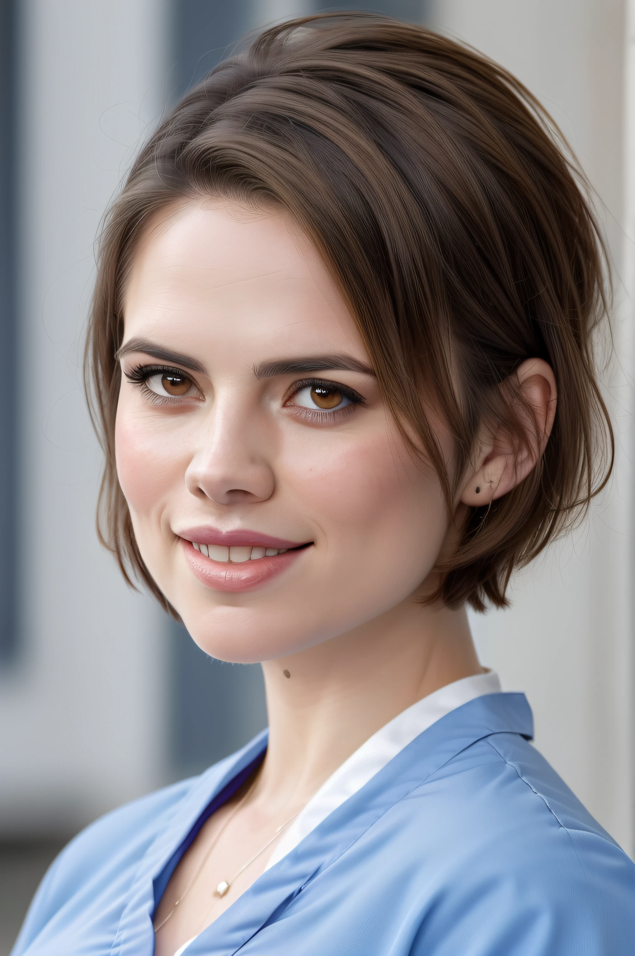 Beautiful woman, Hayley Atwell, standing, wearing (light blue hospital scrubs), white shoes, beautiful legs, (very short pixie hair::1.3), detailed eyes, (detailed realistic face), (skin texture), no makeup, freckles, blush,very pale skin, confident smile, (head tilted to side::1.3), highly detailed, candid style, (extremely detailed CG unity 8k wallpaper), (whole body shoot::1.4), photo of the most beautiful artwork in the world, hospital, fashion top model, trending on ArtStation, trending on CGSociety, Intricate, High Detail, Sharp focus, dramatic, photorealistic painting art by midjourney