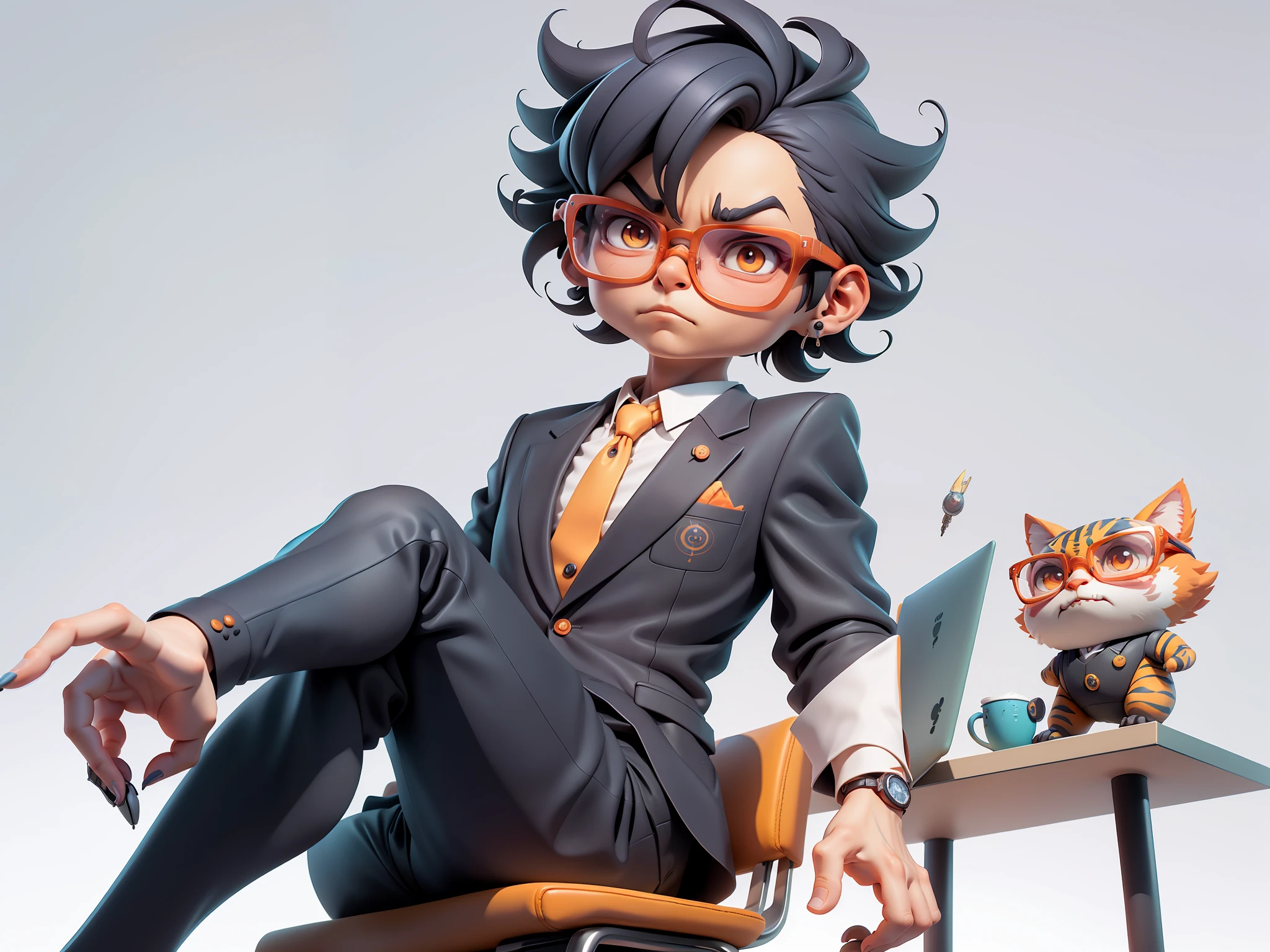 A young man in a suit, Short hair and glasses sat at his desk,holding laptop,digitial painting,tigre,3D character design by Mark Clairen and Pixar and Hayao Miyazaki and Akira Toriyama,4K HD illustration,Very detailed facial features and cartoon-style visuals。