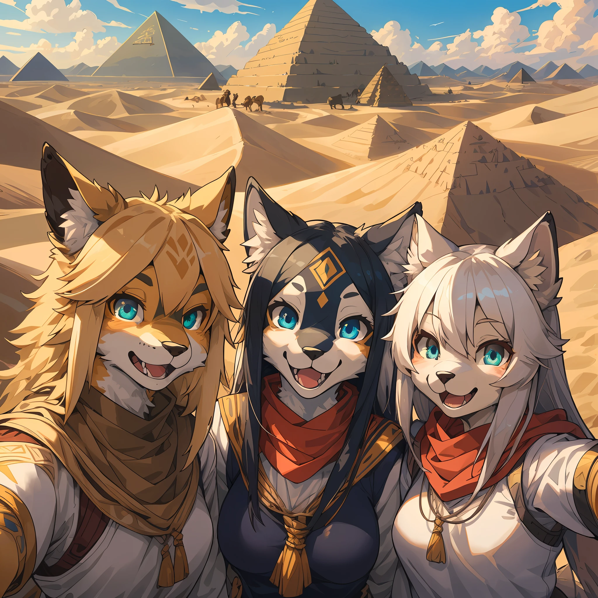 top quality, best quality, High-quality illustrations, masterpiece, super high resolution, detailed background, detailed background, desert, camel, sand dunes, pyramid, group shot:0.2, 6+boys, 6+girls, Happy, joyful, absurdres(highly detailed beautiful face and eyes)perfect anatomy(kemono, furry anthro)selfie:0.1,