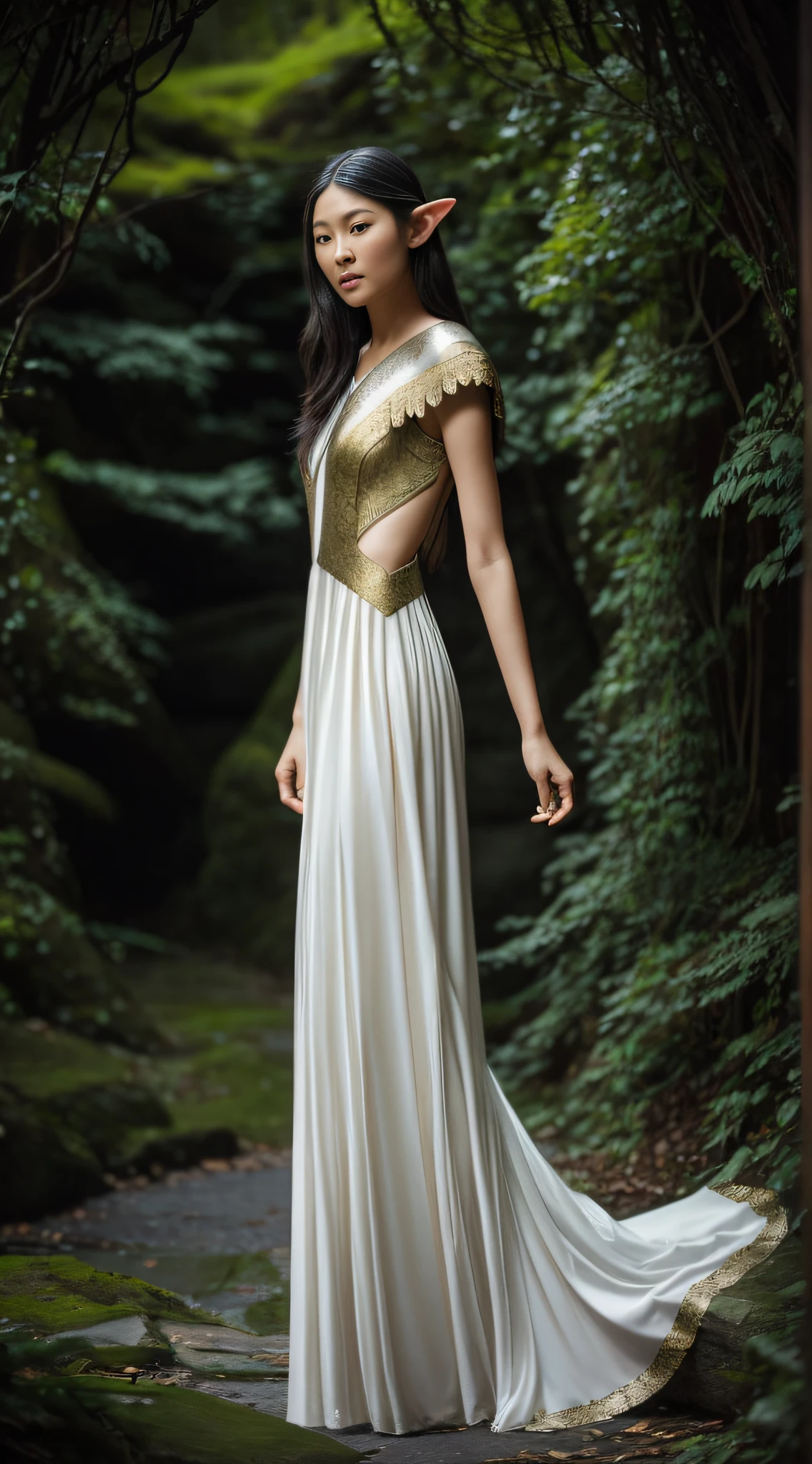 Create a photograph of Liu Wen, in a realistic style, with high resolution. The photo should be well-lit, with soft light and no harsh shadows. The framing will be full-body, highlighting her enchanting presence and personality. The model will be dressed in an enchanting elven attire, featuring a delicate and flowing dress that evokes the grace and beauty of elves. Soft and earthy tones like white, silver, and gold should be incorporated to evoke the magical essence of elven fashion. Careful lighting and image composition should enhance the womans natural beauty, emphasizing the elegance and charm of the elven outfit, while capturing the essence of a mystical and elegant elven maiden in full-body portrait