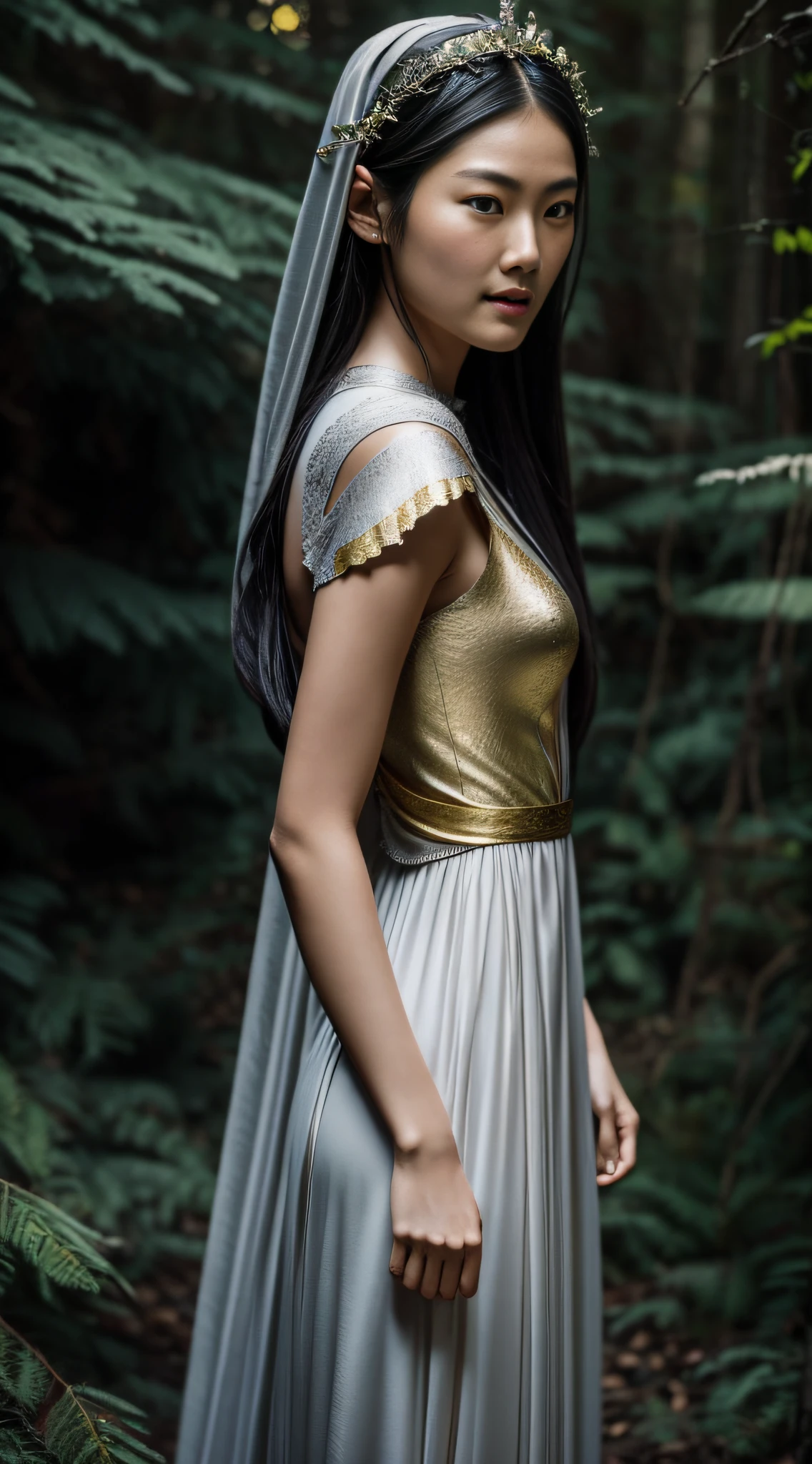 Create a photograph of Liu Wen, in a realistic style, with high resolution. The photo should be well-lit, with soft light and no harsh shadows. The framing will be full-body, highlighting her enchanting presence and personality. The model will be dressed in an enchanting elven attire, featuring a delicate and flowing dress that evokes the grace and beauty of elves. Soft and earthy tones like white, silver, and gold should be incorporated to evoke the magical essence of elven fashion. Careful lighting and image composition should enhance the womans natural beauty, emphasizing the elegance and charm of the elven outfit, while capturing the essence of a mystical and elegant elven maiden in full-body portrait
