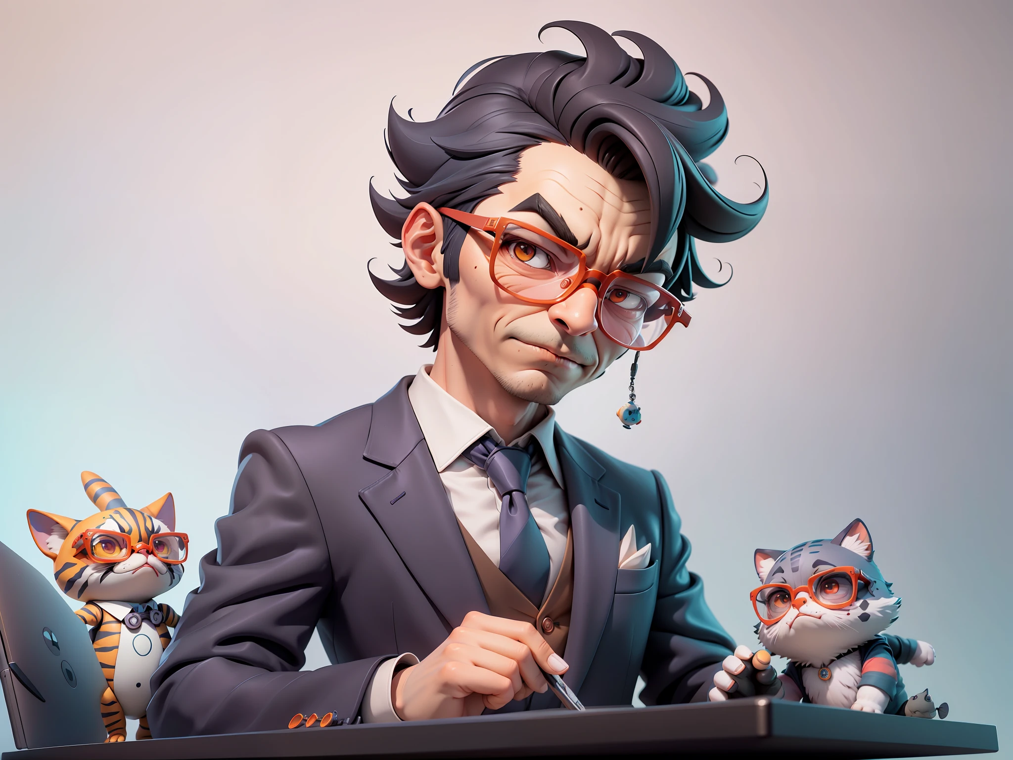 A young man in a suit, Short hair and glasses sat at his desk,holding laptop,digitial painting,tigre,3D character design by Mark Clairen and Pixar and Hayao Miyazaki and Akira Toriyama,4K HD illustration,Very detailed facial features and cartoon-style visuals。