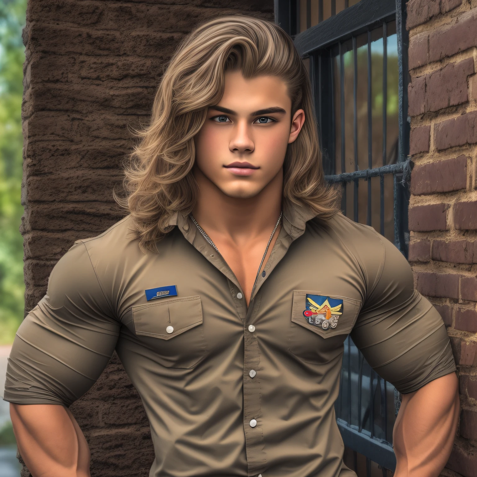 An 18-year-old boy musclejock, embodying the perfect fusion of Joey Lawrence and Cody Calafiore with long hair, exuding an aura of strength and confidence. Enhanced with HDR technology, this image depicts a true masterpiece, 4K resolution, scouting uniform