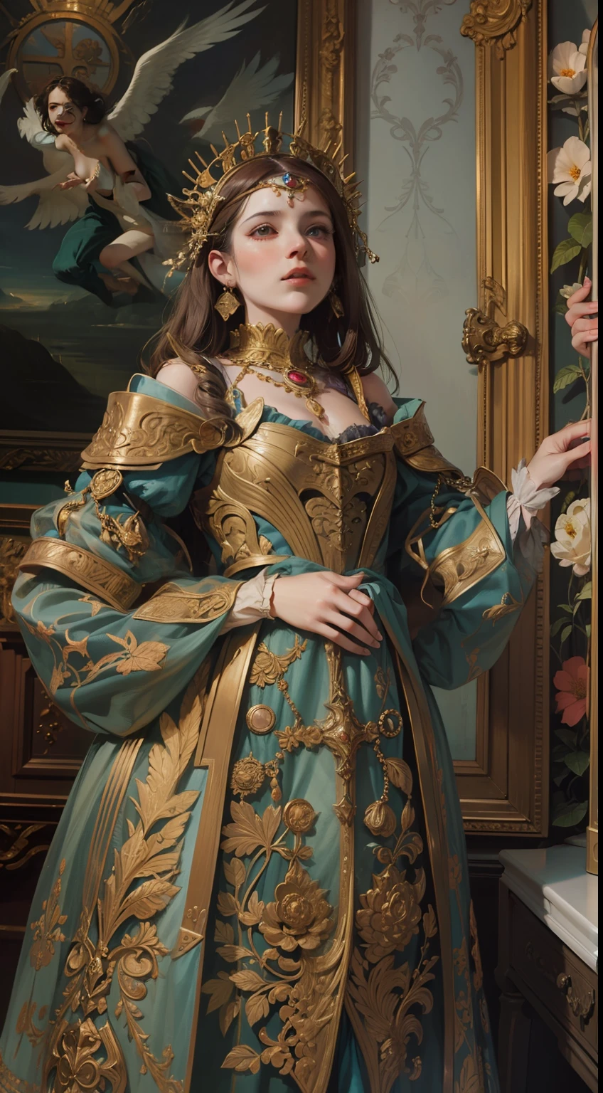 Beautiful woman in insanely intricate Renaissance artist Outfit
