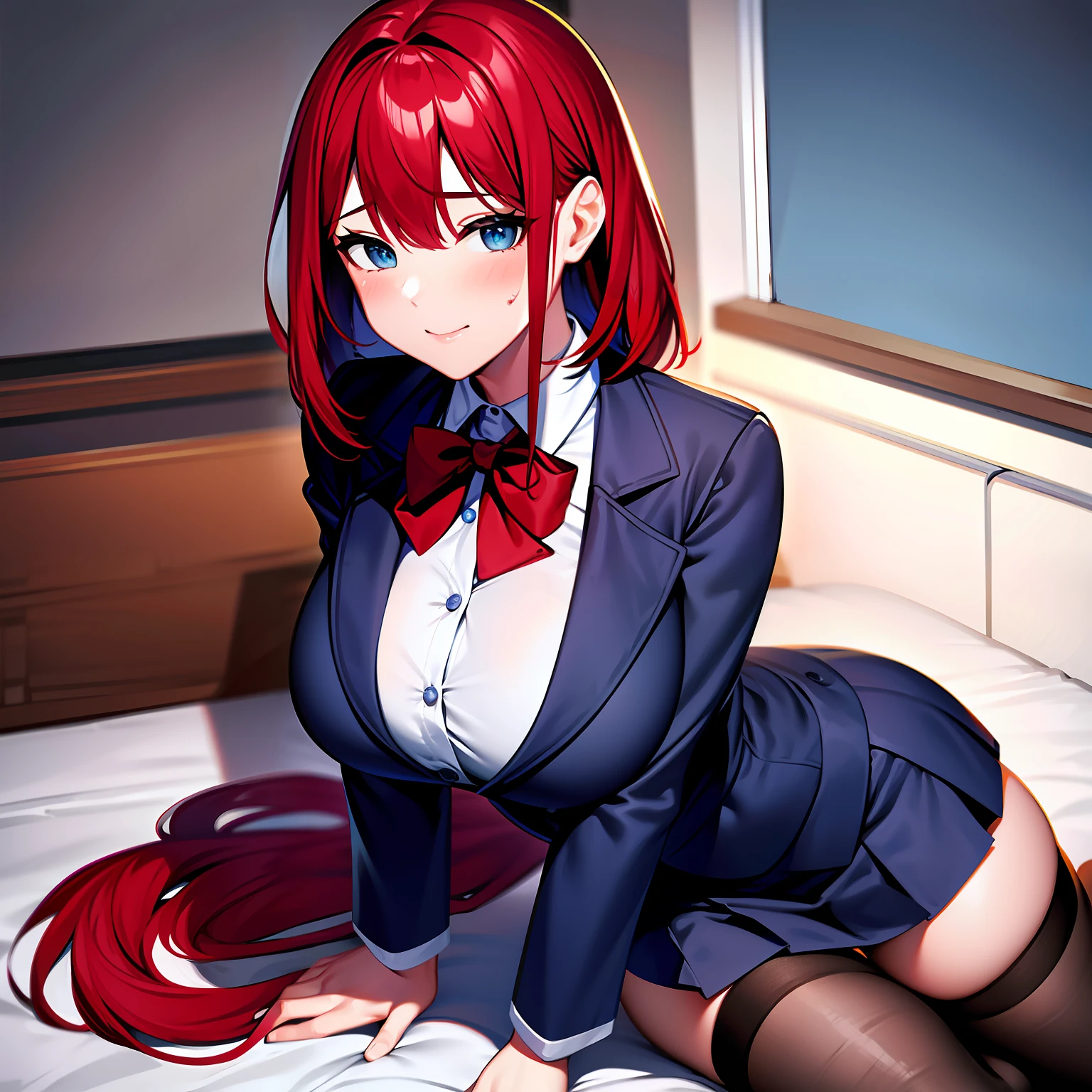 (tmasterpiece),Highest high resolution,Excellent,one-girl,Cute big breasts,(red tinted hair),With bangs,short detailed hair,Good figure,beauitful face,sexy for,school uniform,black lence stockings,Shy,Blushing,cheerfulness,ssmile,Heartwarming atmosphere,Being in love,blue colored eyes,Tsundere,Sit on the bed