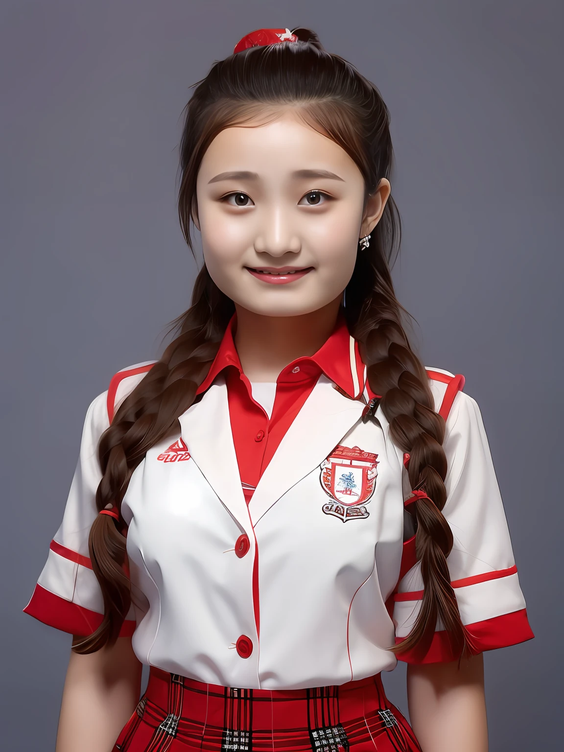 A 17-year-old female high school student，Wear a red and white school uniform，