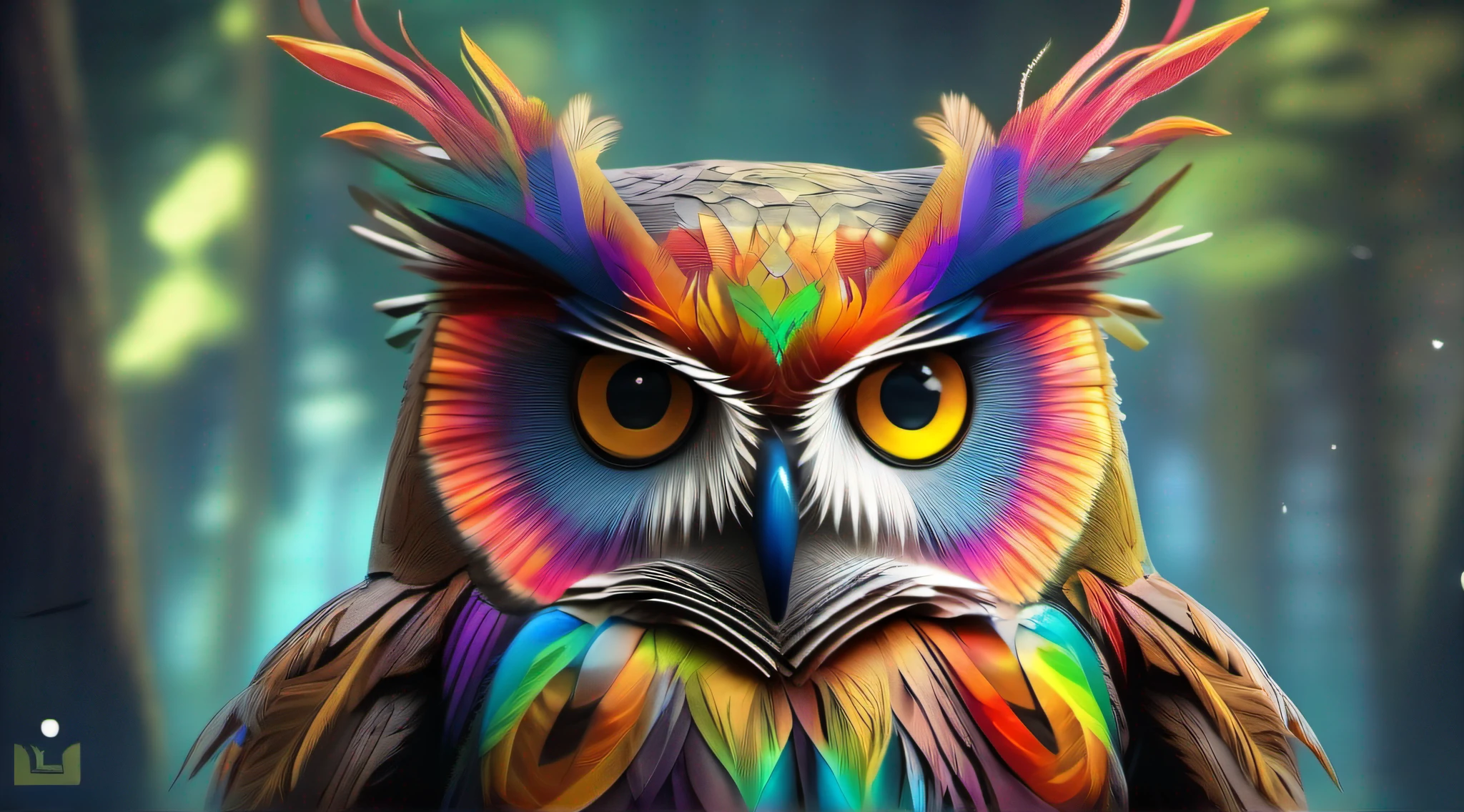 Colorful rainbow owl made of thick feathers, sentado em um tronco na floresta, usando um colar futurista com pequenas luzes coloridas, Pelo altamente detalhado, Pescador, symmetr, soft-lighting, rosto altamente detalhado, arte conceitual, Pintura digital, looking-into-camera, (vaga-lumes), nevoeiro, noite, ....lua, symmetr, (CBZBB: 1.25) lindos grandes olhos circulares reflexivos brilhantes, unreal engine cinematic smooth, detalhes intrincados