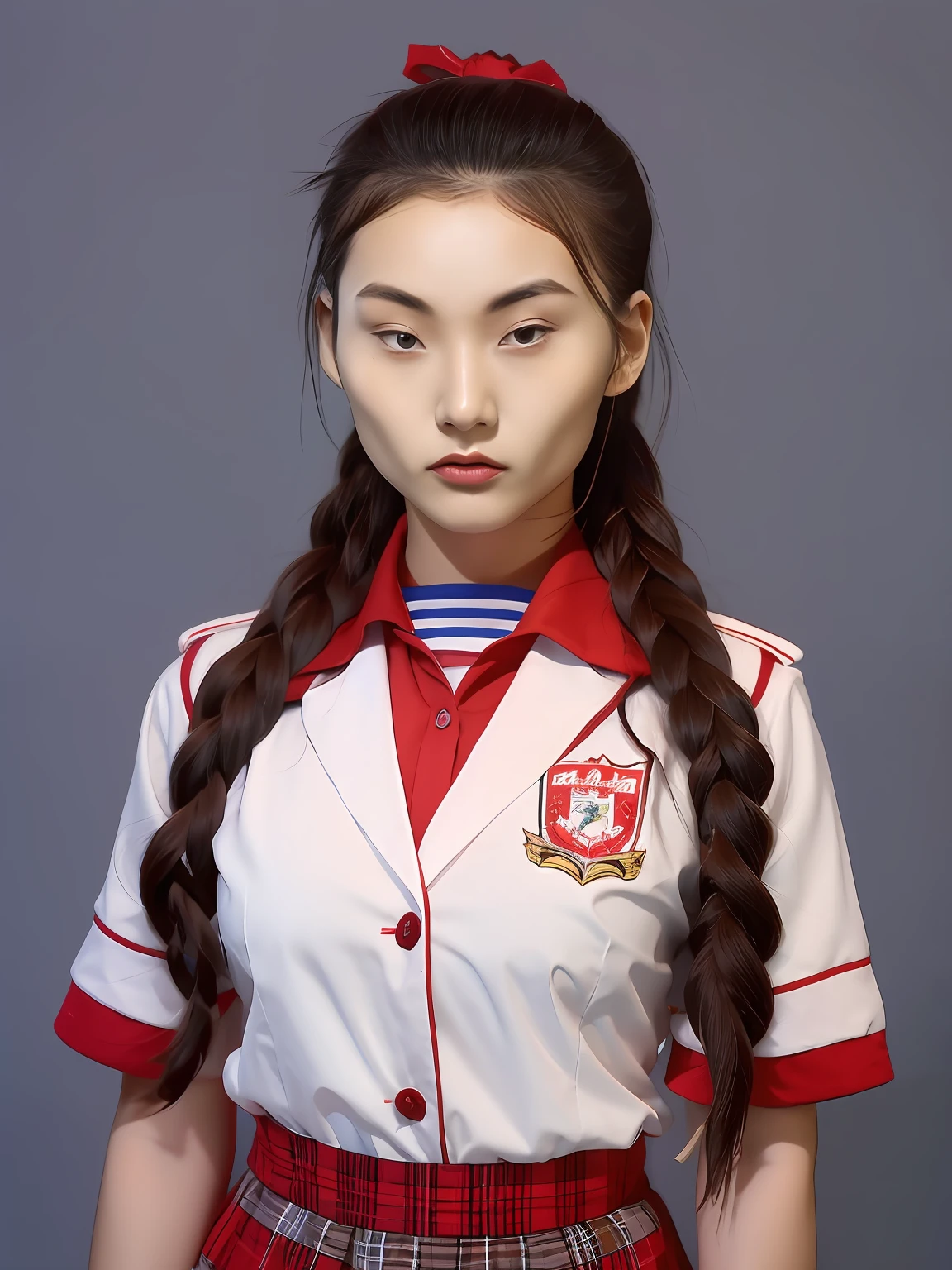 A 17-year-old female high school student，Wear a red and white school uniform，