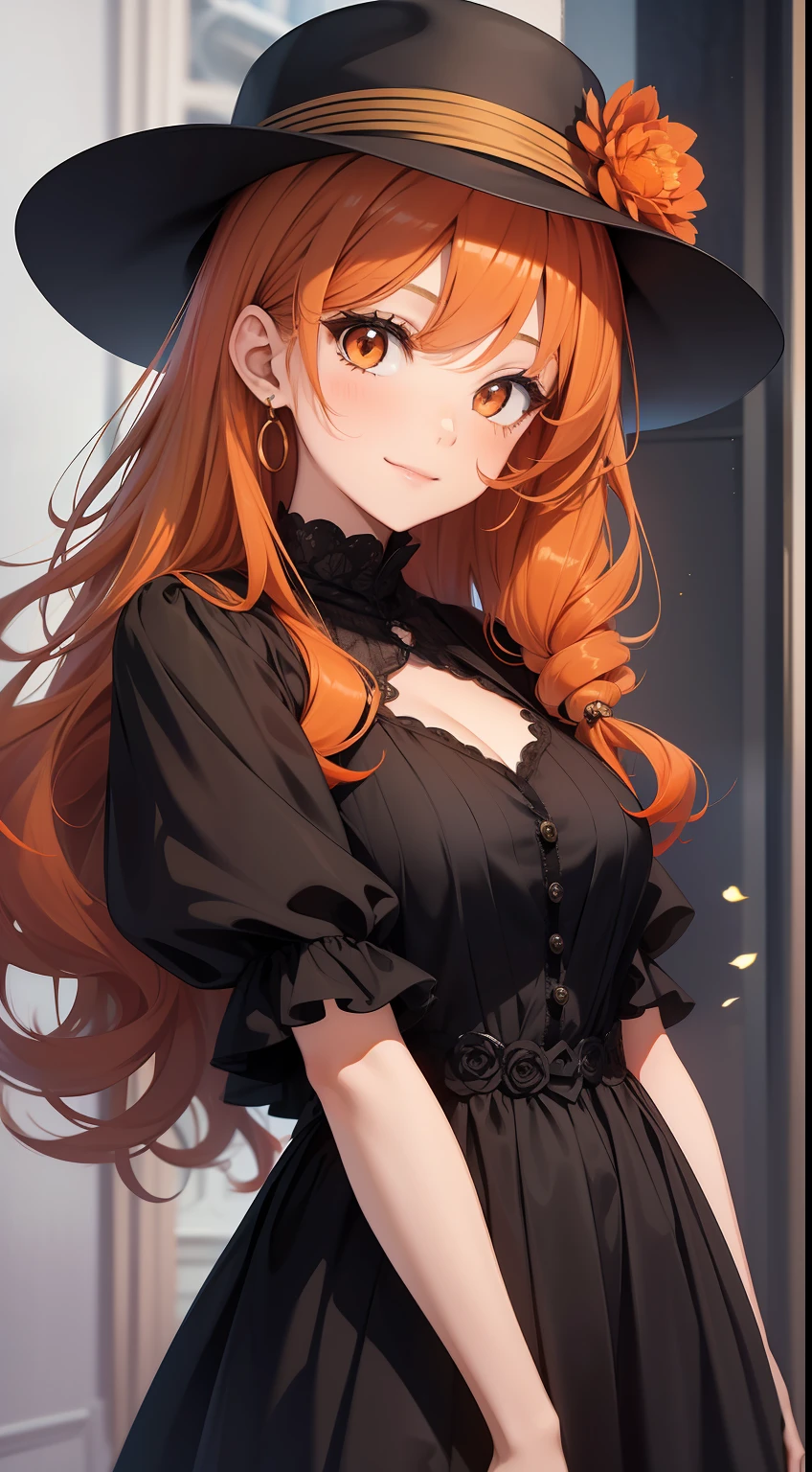 adult girl, long curly orange hair, Orange Eyes, black dress and hat, ssmile, Masterpiece, hiquality