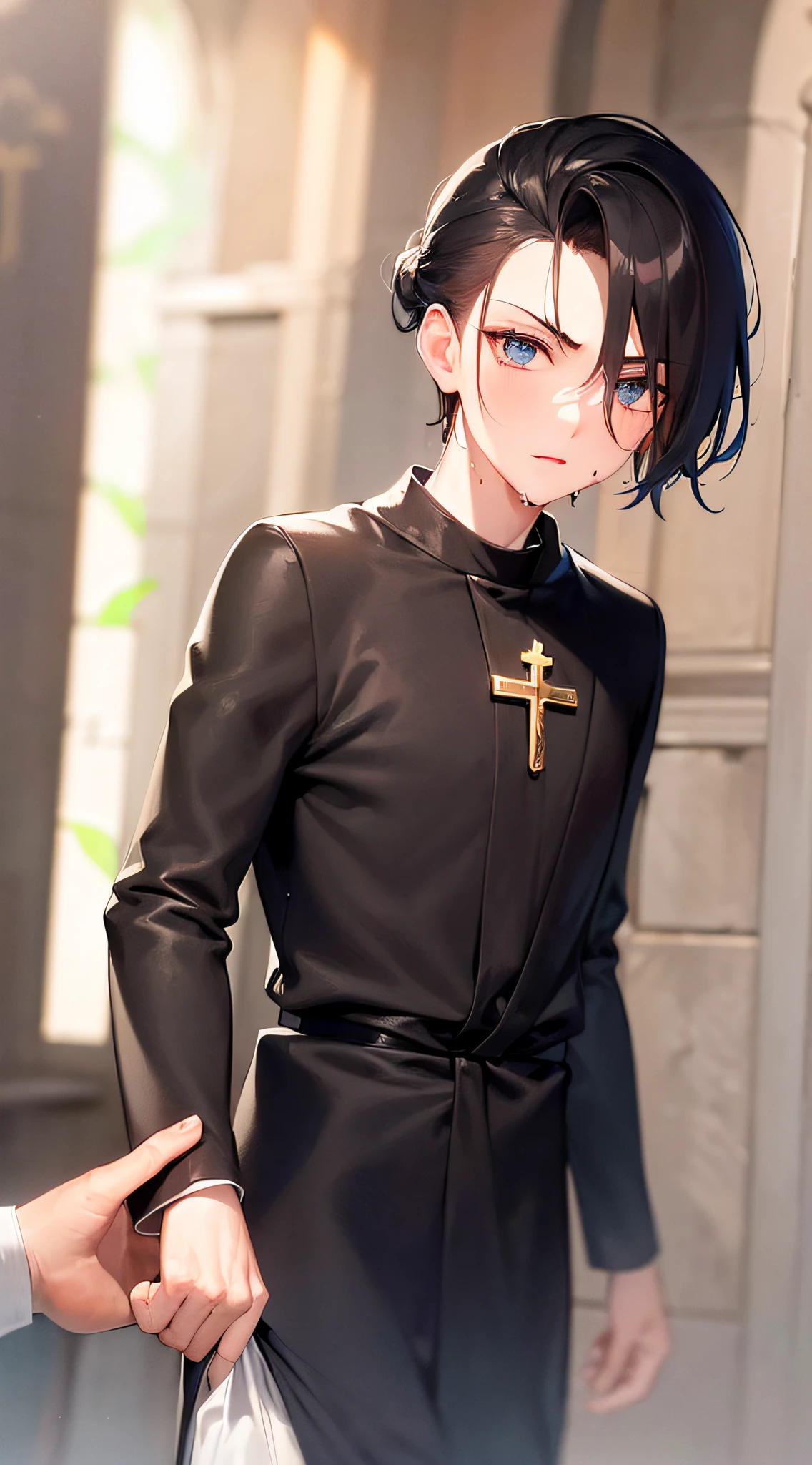 ((a 25yearsold man:1.5)), ((a male1.5)), first-person view, upper body, (cold light:1.2), blue_eyes, (noble look:1.5), hair_between_eyes, (hair pulled back:1.5), (Zaffre eyes color:1.1), (holding a cross:1.2), (black robe:1.5), man, looking_at_viewer, male_focus, short_hair, (Greek fresco:1.2), (Inside the church:1.5), wet hair, styled with a captivating hairdo, accentuated with bangs and hair between eyes, highlighting his distinctive and stylish black and short hair, in a manner that captivates and intrigues viewers