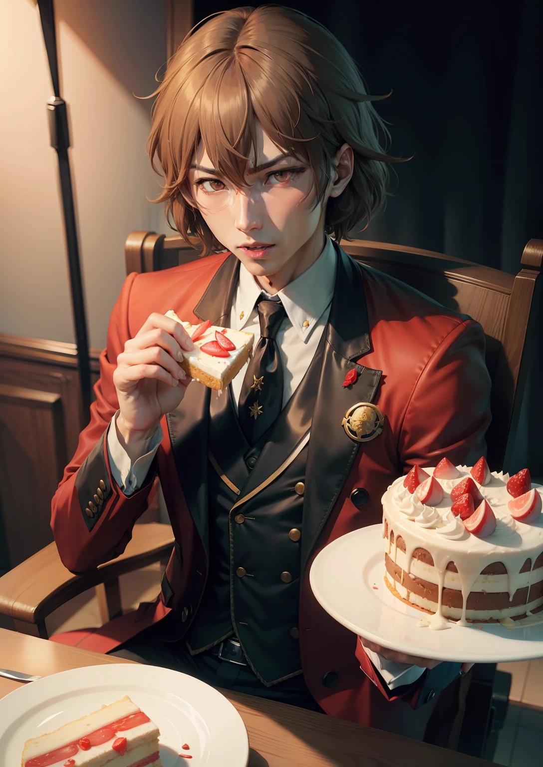 Akechi goro from Persona 5 eating a slice of cake