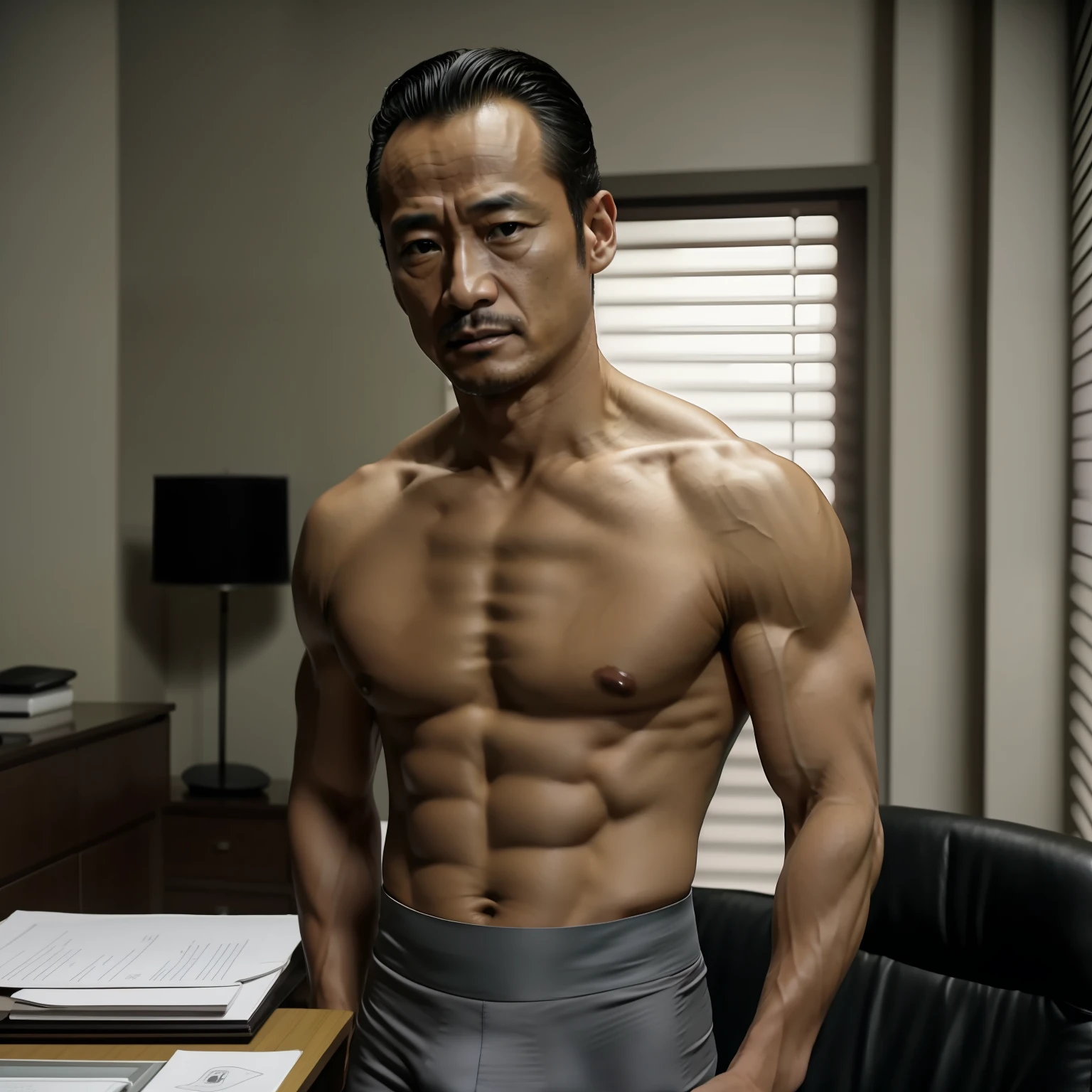 45 yers old,Hidetoshi Nakata,(Kogoro Mouri 1.3),Shirtless,Tong,Bulge,office room,black long socks,Thin,musculature,lbeard,fortitude,artwork of a,tmasterpiece,k hd,Tong,pantiess,standing on your feet