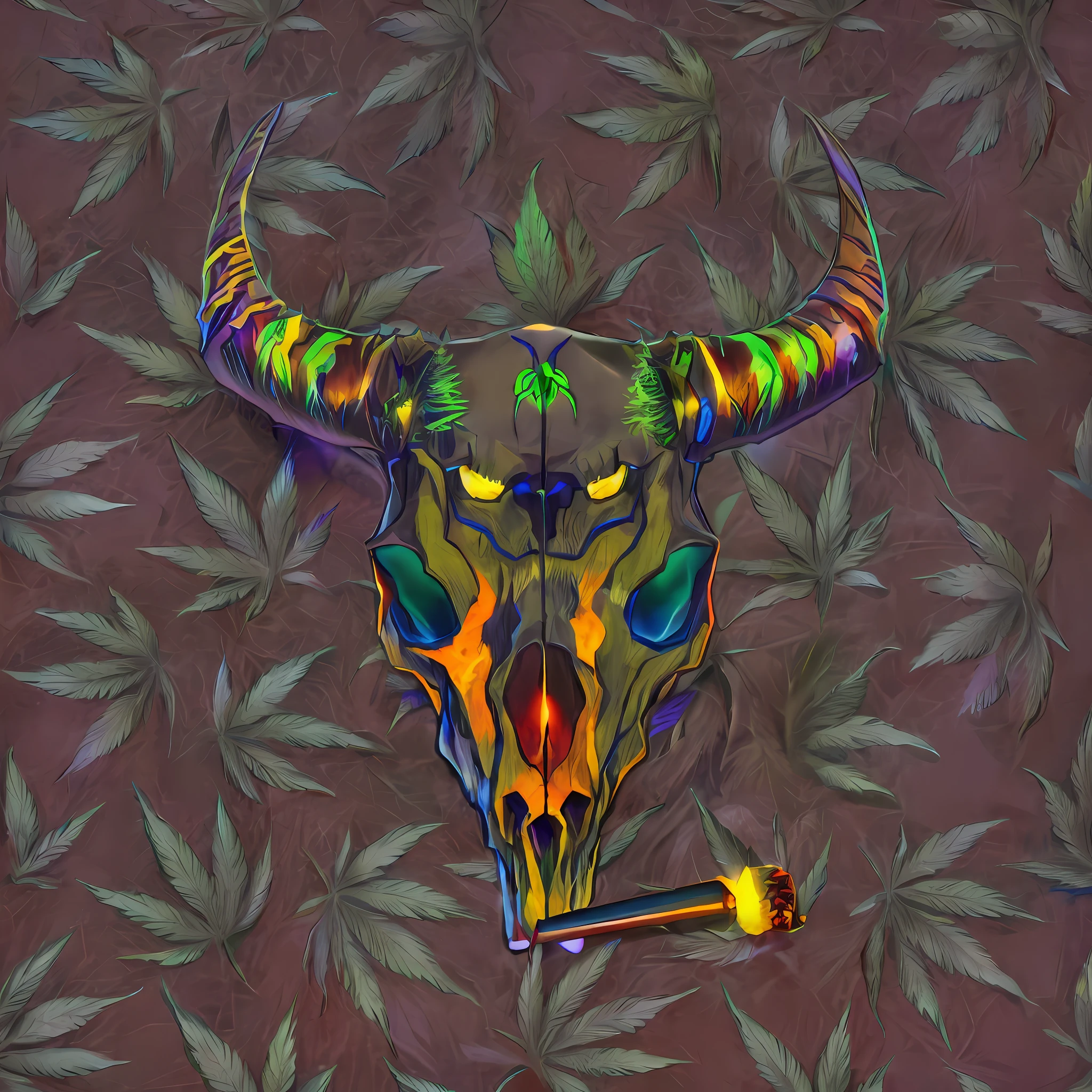There's a skull with the G in my source, com chifres, uma serpene entre os olhos, and a cigarette in front of a pattern of marijuana leaves., fundo verde, da erva daninha, fumar maconha, erva daninha, Stoner, marijuana smoke, projeto da menina chifres exuberantes, Joints, colorful illustration for tattoo, personification of marijuana, Cannabis, sharp high quality artwork, paranoia da cannabis, with an animal skull for a head, Tema Maconha, transparent smoke from hell