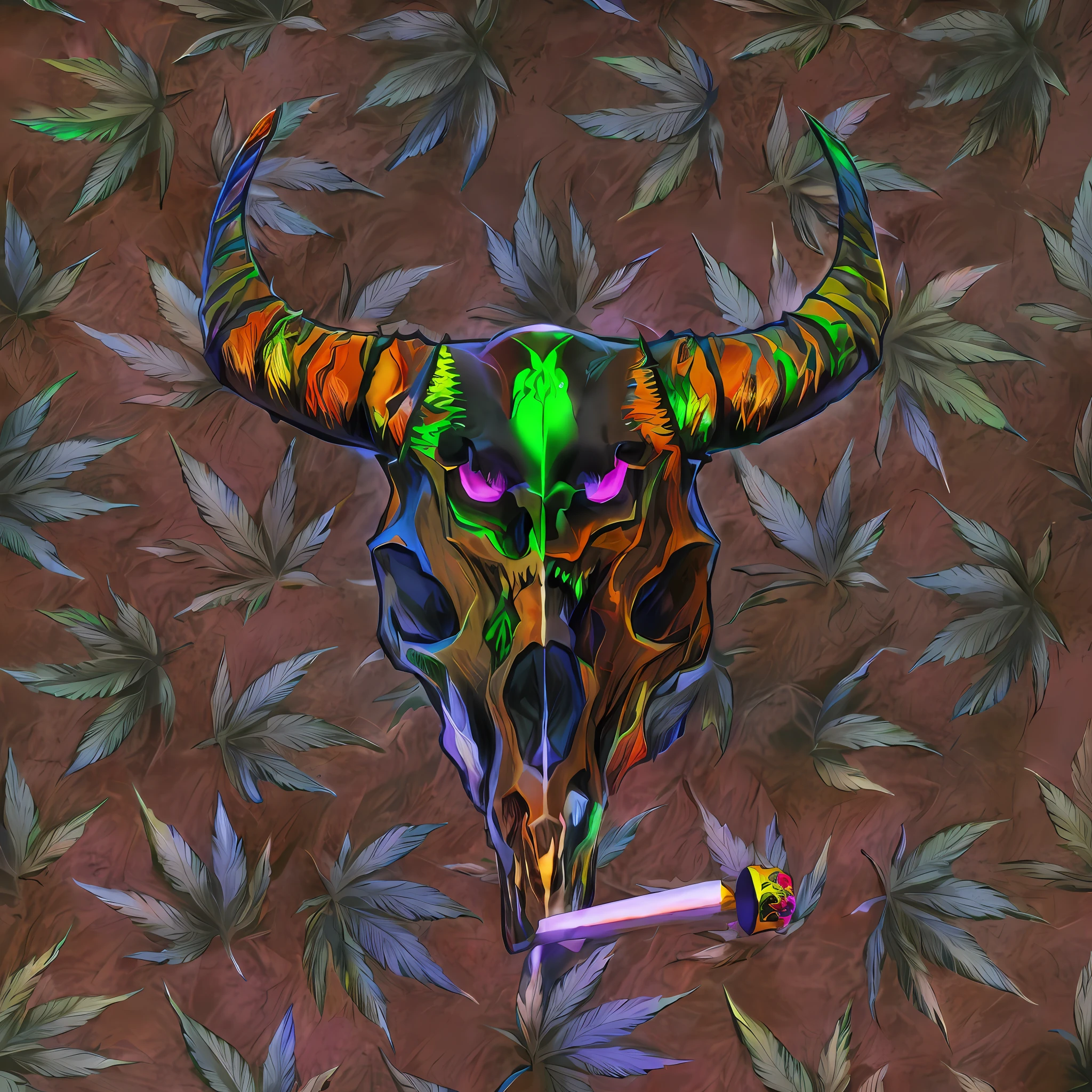 There's a skull with the G in my source, com chifres, uma serpene entre os olhos, and a cigarette in front of a pattern of marijuana leaves., fundo verde, da erva daninha, fumar maconha, erva daninha, Stoner, marijuana smoke, projeto da menina chifres exuberantes, Joints, colorful illustration for tattoo, personification of marijuana, Cannabis, sharp high quality artwork, paranoia da cannabis, with an animal skull for a head, Tema Maconha, transparent smoke from hell