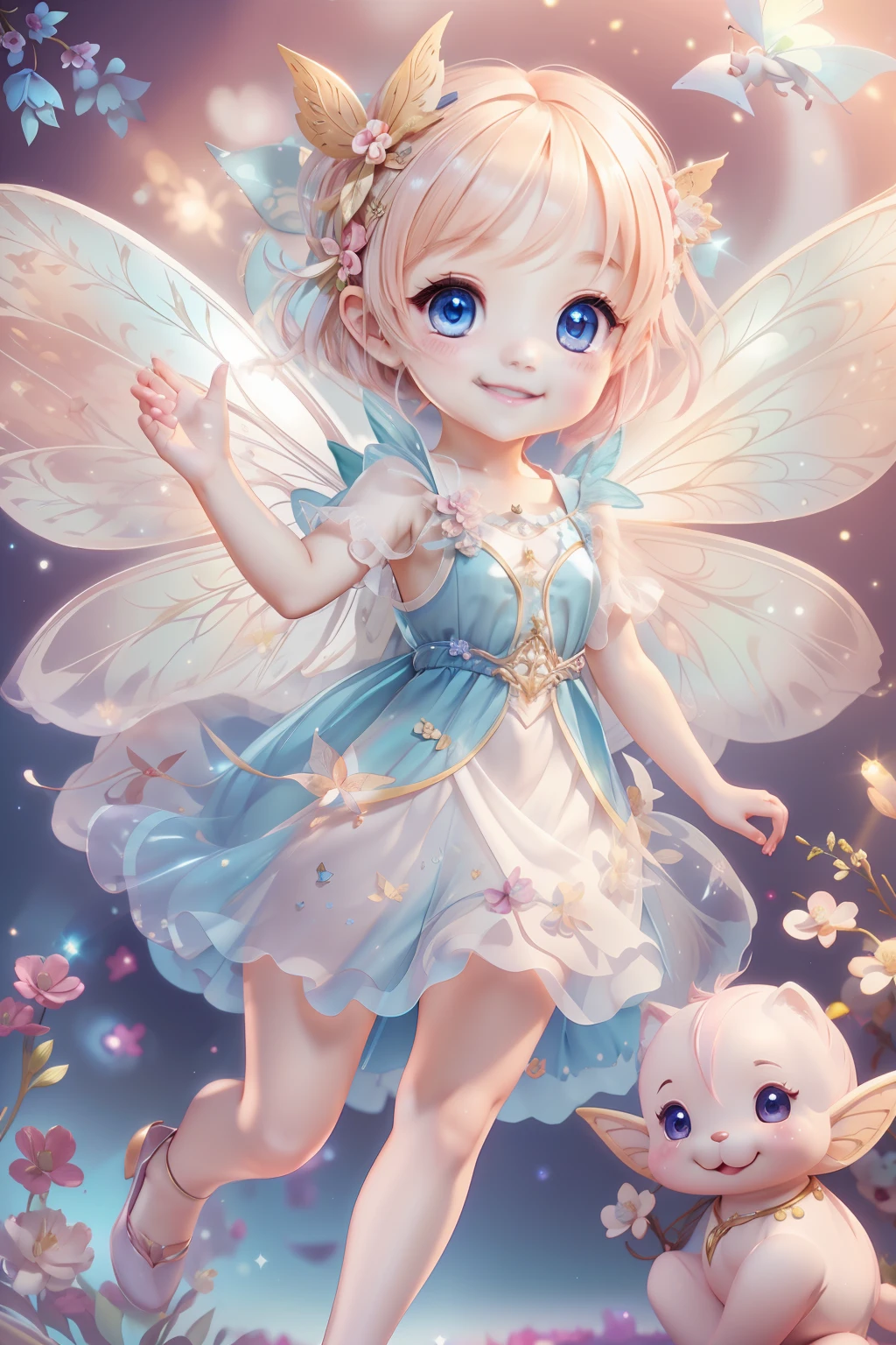 Cute fairy with a sense of transparency、Bright smile、Have fun playing、Beautiful background、Bright background、