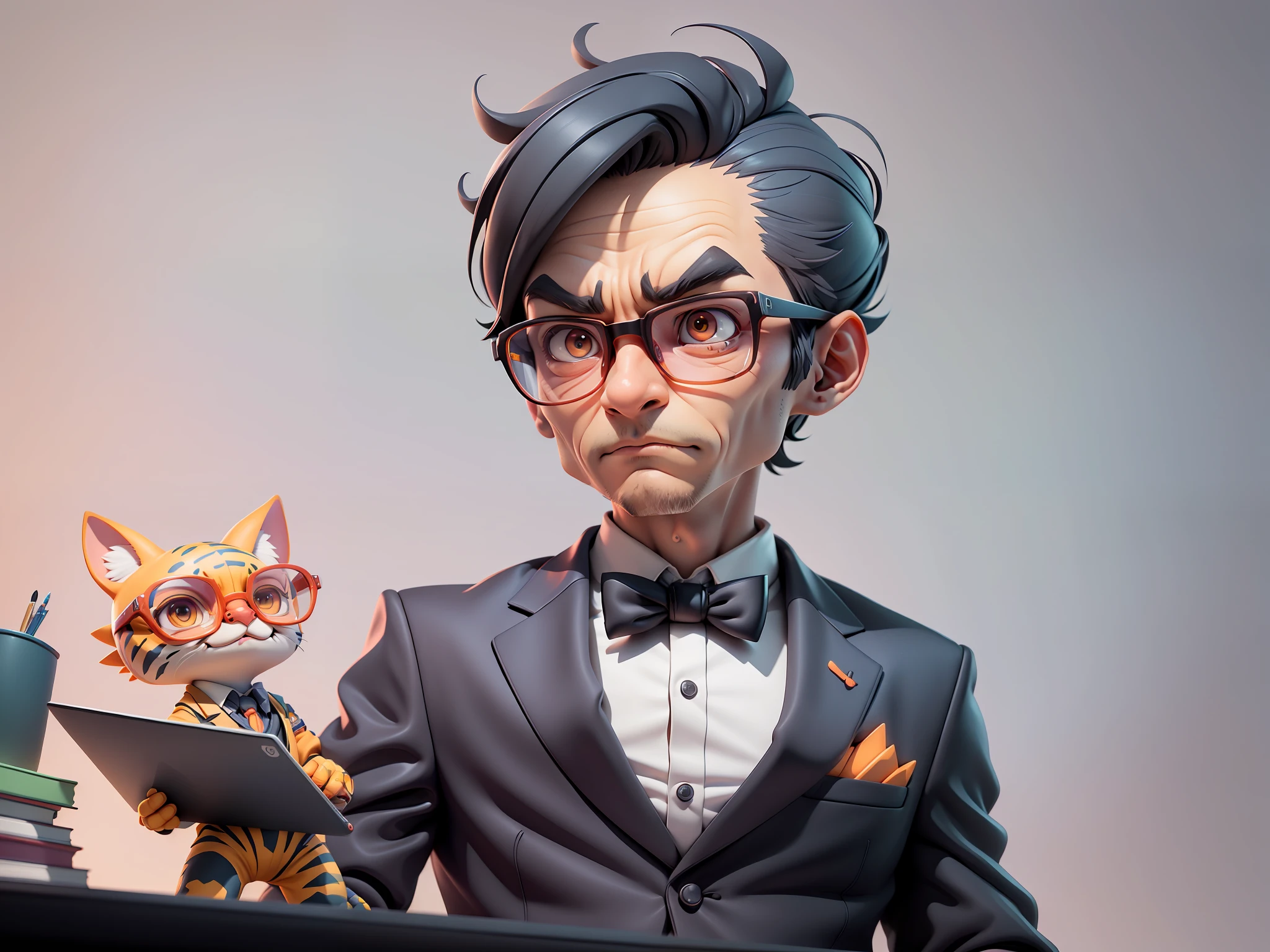 A young man in a suit, Short hair and glasses sat at his desk,holding laptop,digitial painting,tigre,3D character design by Mark Clairen and Pixar and Hayao Miyazaki and Akira Toriyama,4K HD illustration,Very detailed facial features and cartoon-style visuals。